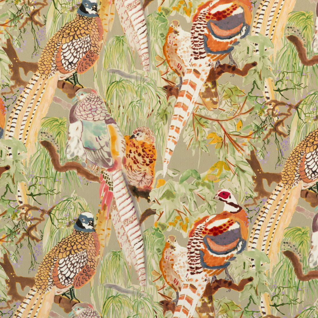 Game Birds Velvet fabric in stone/multi color - pattern FD268.K102.0 - by Mulberry in the Bohemian Romance collection