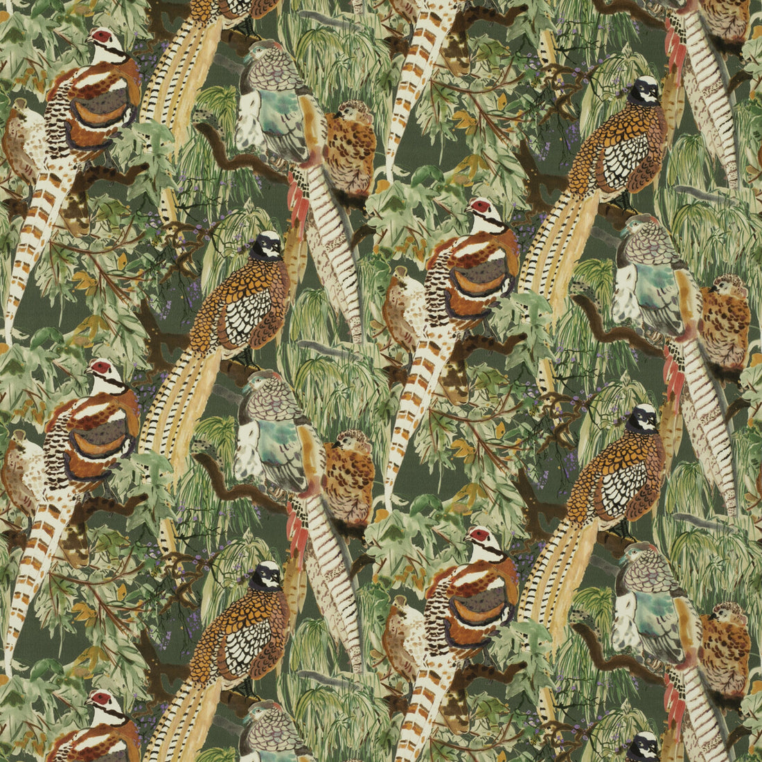 Game Birds Velvet fabric in forest color - pattern FD268.R102.0 - by Mulberry in the Icons Fabrics collection