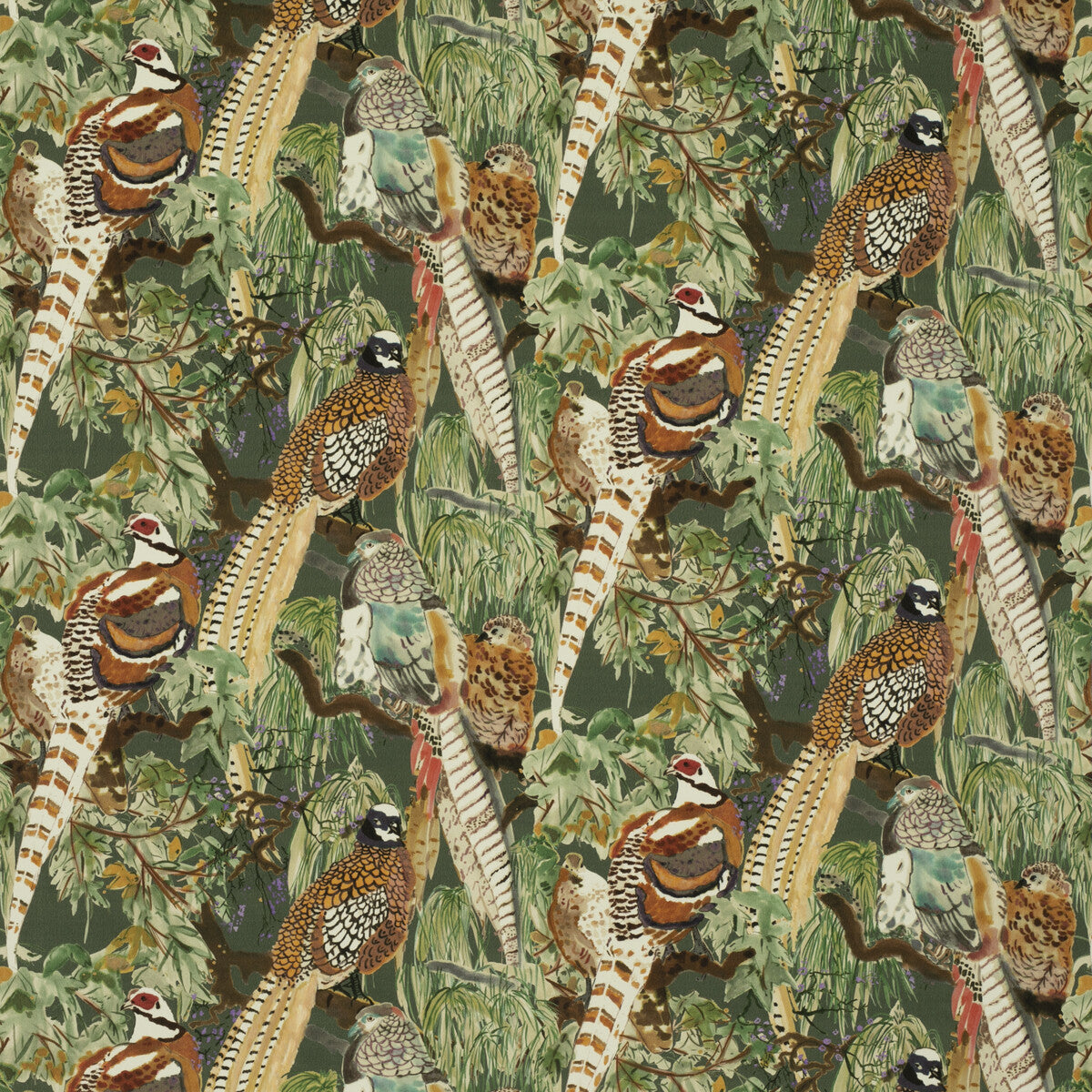 Game Birds Velvet fabric in forest color - pattern FD268.R102.0 - by Mulberry in the Icons Fabrics collection