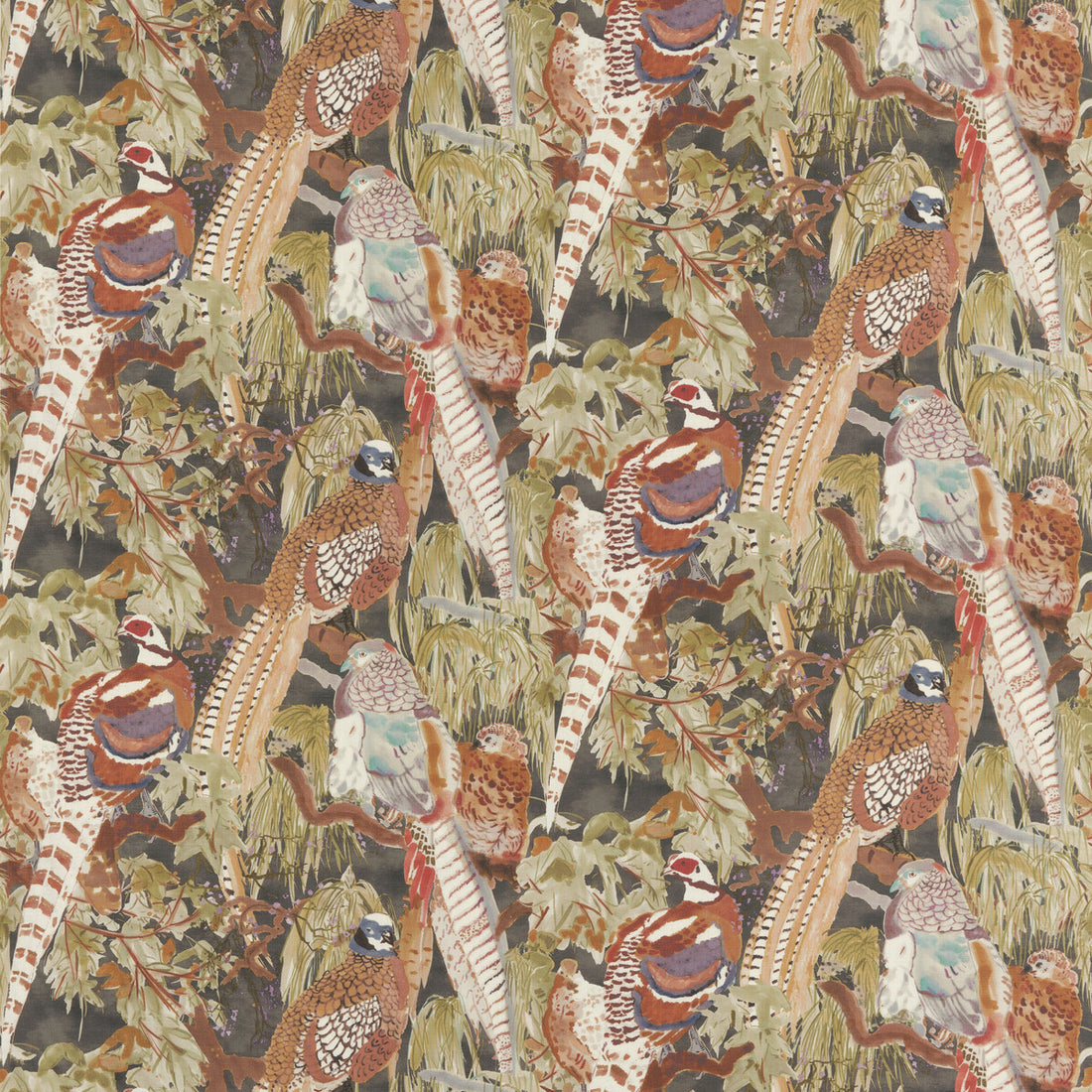 Game Birds Linen fabric in charcoal color - pattern FD269.A101.0 - by Mulberry in the Modern Country I collection