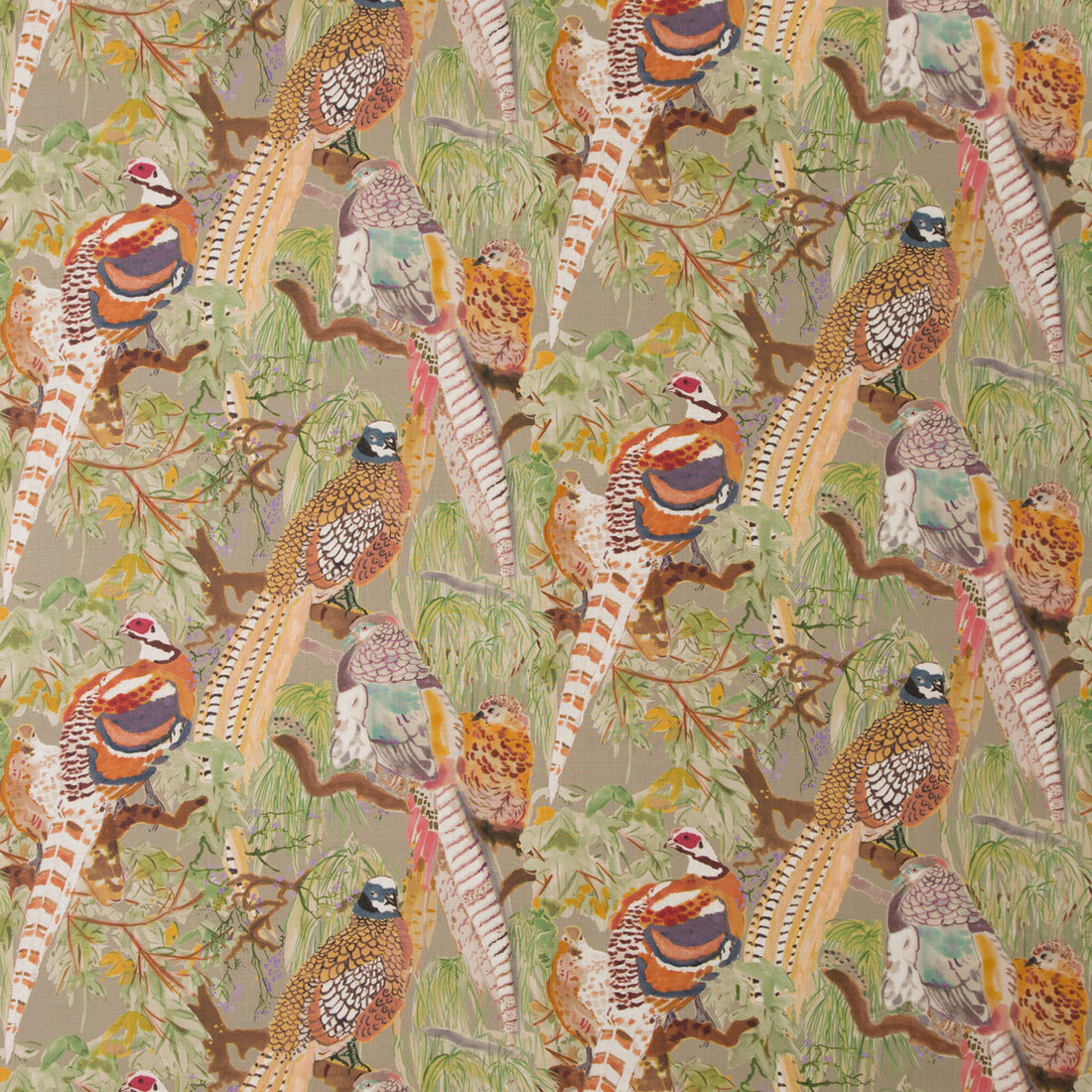 Game Birds Linen fabric in stone/multi color - pattern FD269.K102.0 - by Mulberry in the Bohemian Romance collection
