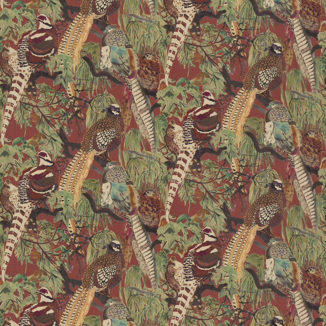 Game Birds Linen fabric in red/plum color - pattern FD269.V54.0 - by Mulberry in the Icons Fabrics collection