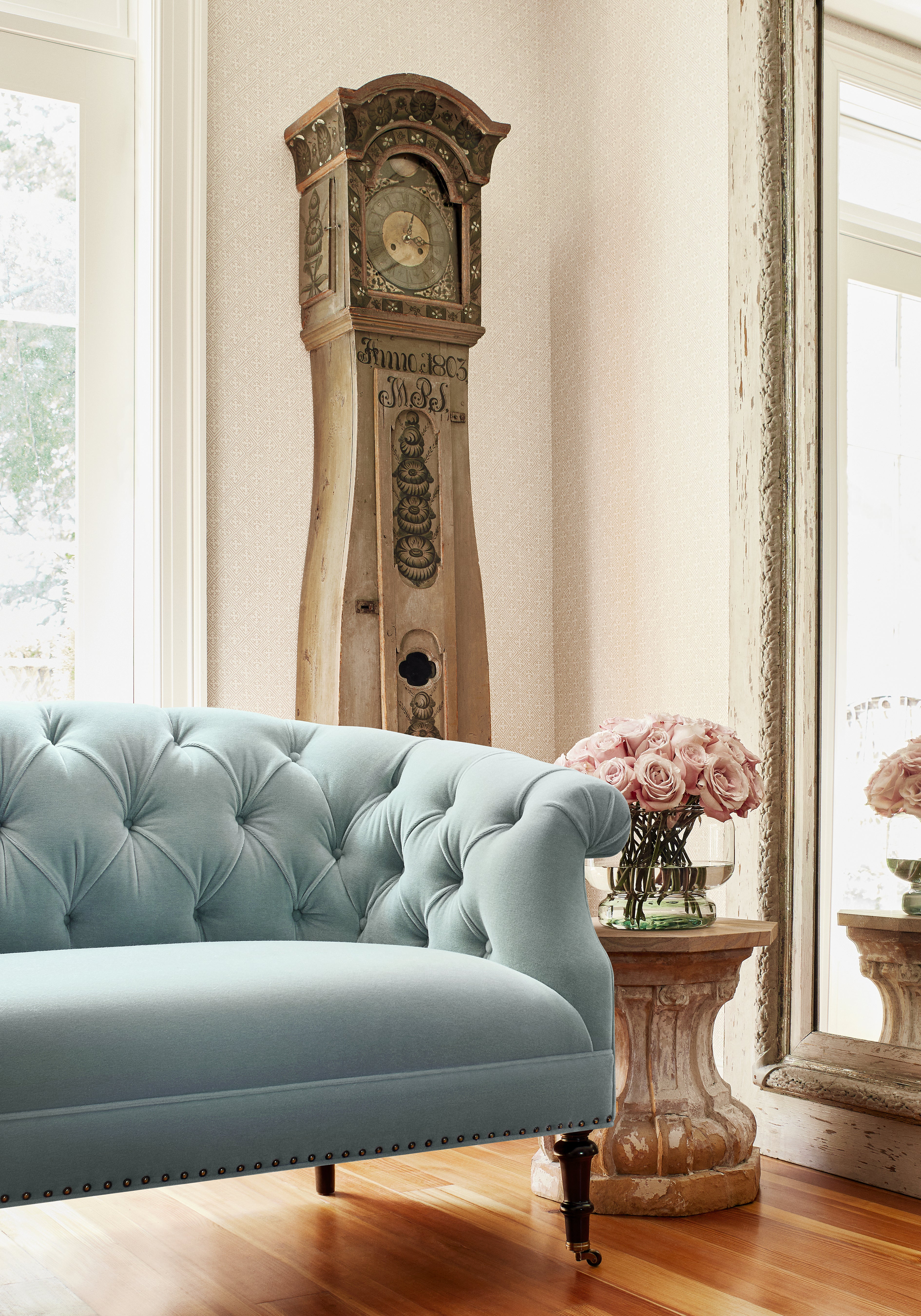 Kendall Sofa in Miles Mohair Velvet woven fabric in cloud color - pattern number W72827 - by Thibaut in the Woven Resource Vol 13 Fusion Velvets collection