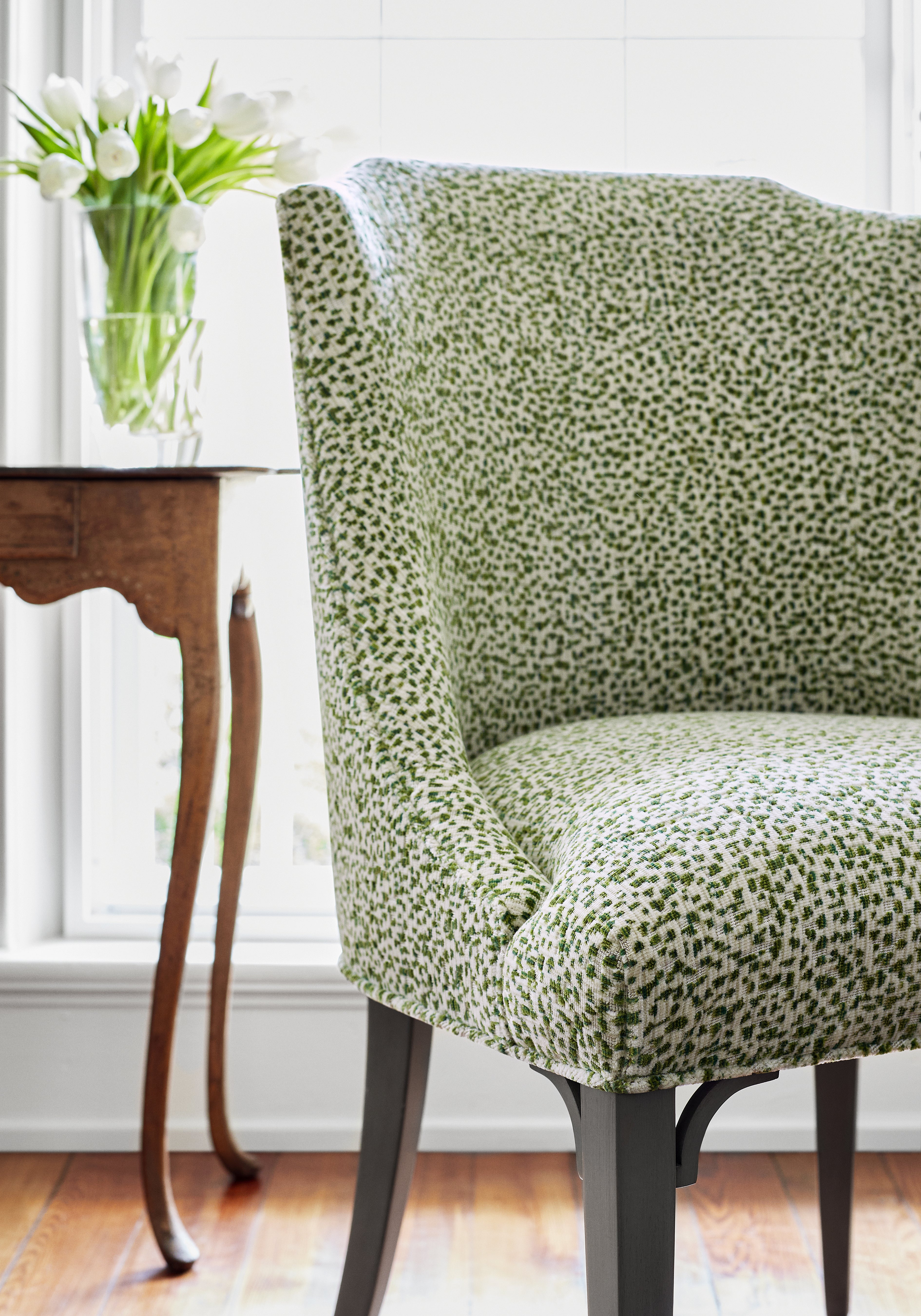 Detailed view of Bailey Dining Chair in Swing Velvet woven fabric in emerald color - pattern number W72801 by Thibaut in the Woven Resource Vol 13 Fusion Velvets collection