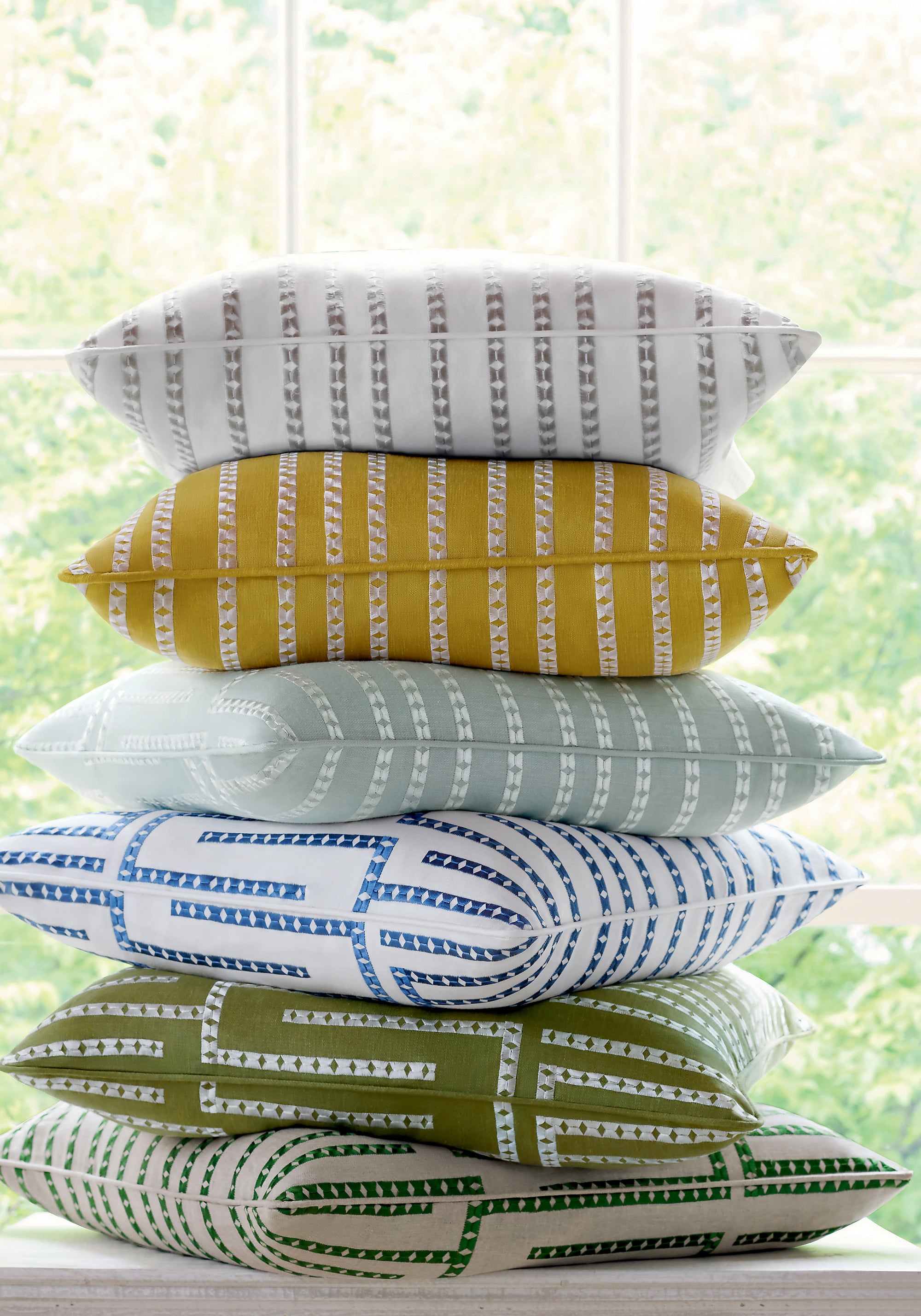 Pillow made with Architect Embroidery fabric in cloud - pattern number W713626 - by Thibaut in the Grand Palace collection