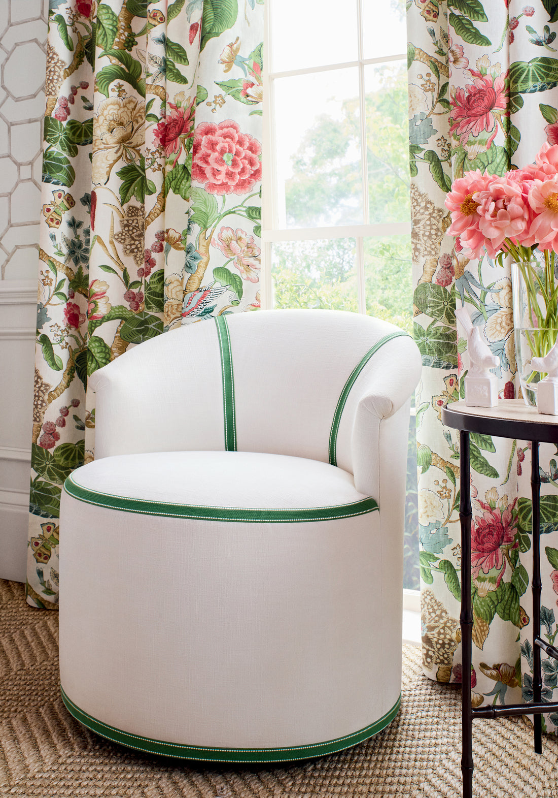 Drapery curtains made with Thibaut Hill Garden fabric in coral and green - pattern number F913658