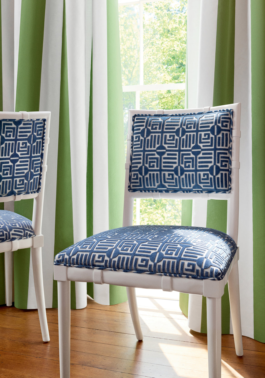 Greenwich Dining Chairs in Thibaut Labyrinth Velvet woven fabric in Navy color