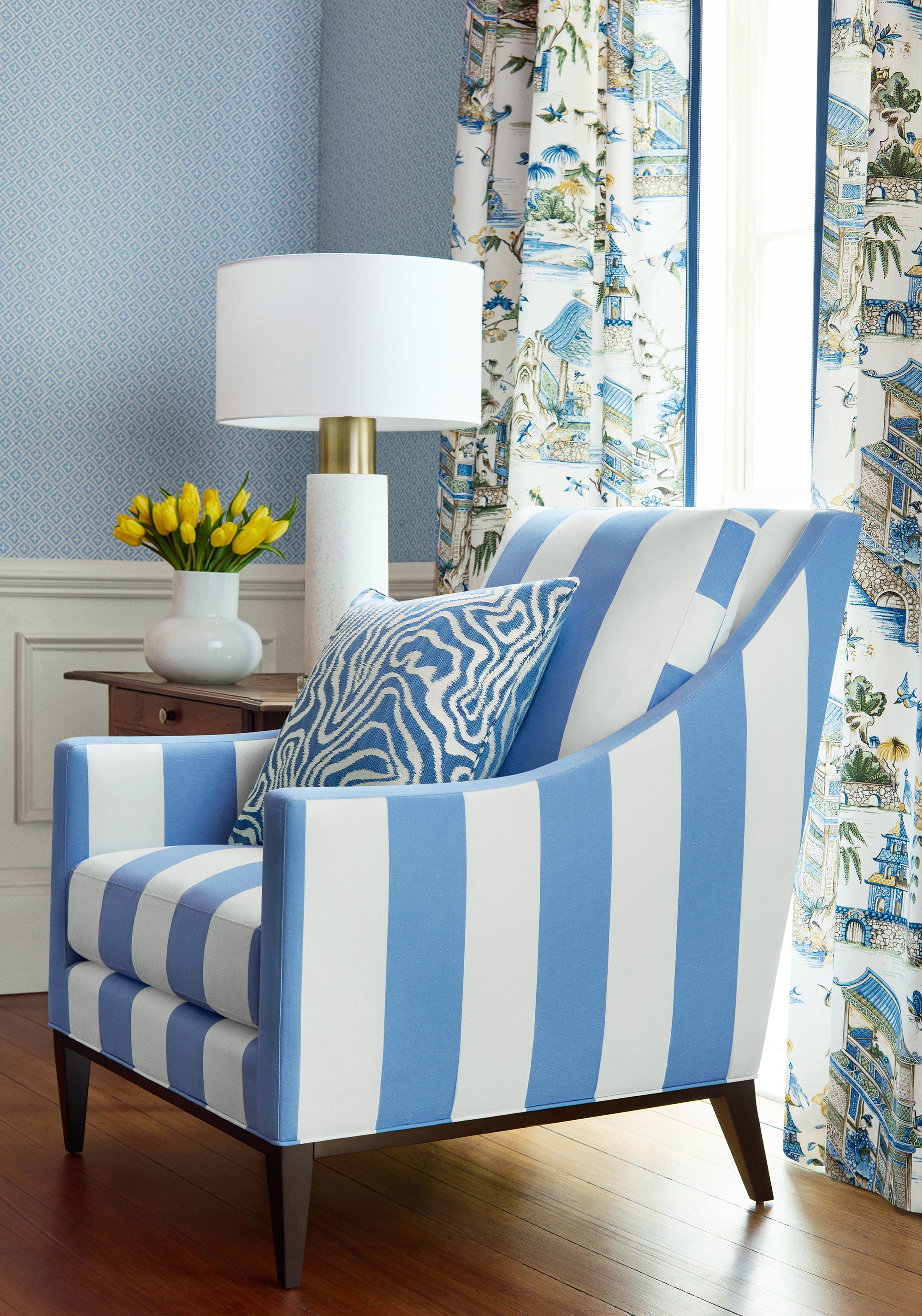 Carson Chair in Bergamo Stripe woven fabric in blue color - pattern number W713638 - by Thibaut in the Grand Palace collection