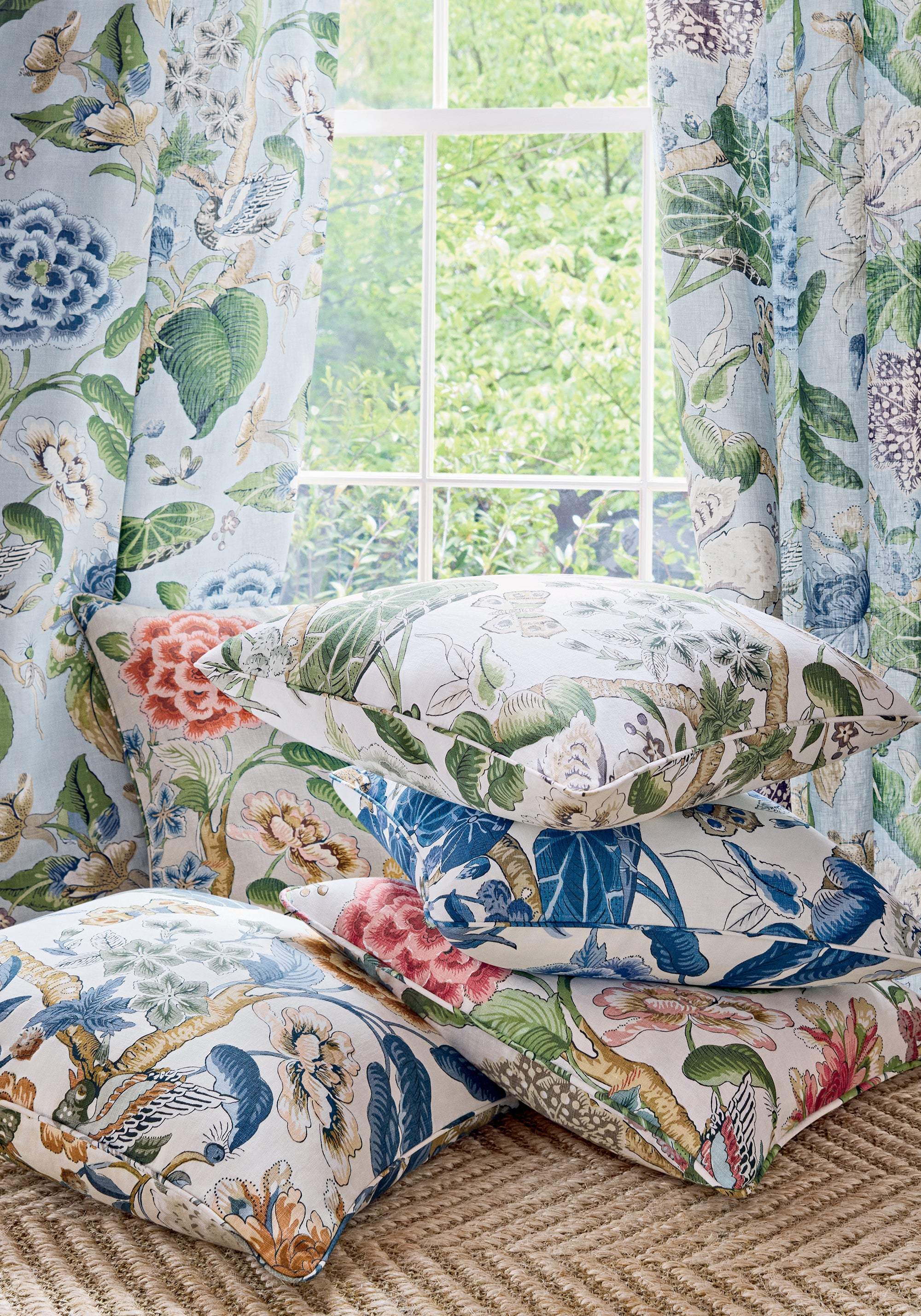 Pillow made with Thibaut Hill Garden fabric in coral and green - pattern number F913658