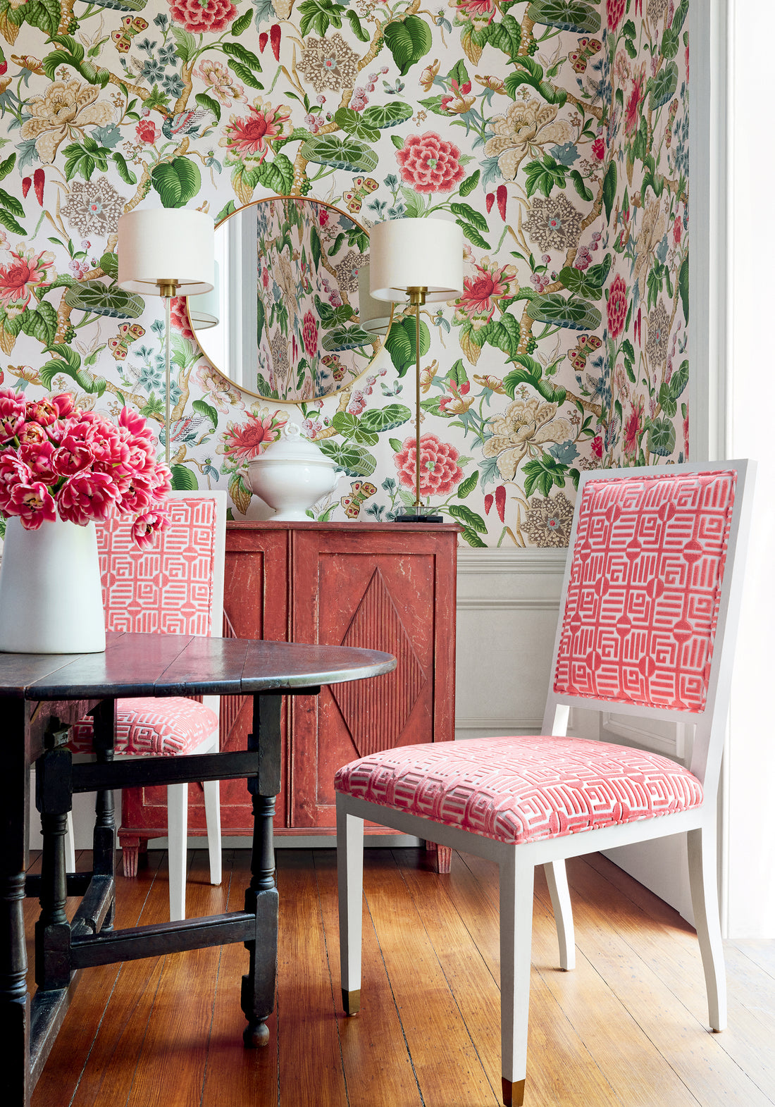 Lauderdale Dining Chairs in Thibaut Labyrinth Velvet woven fabric in Coral color
