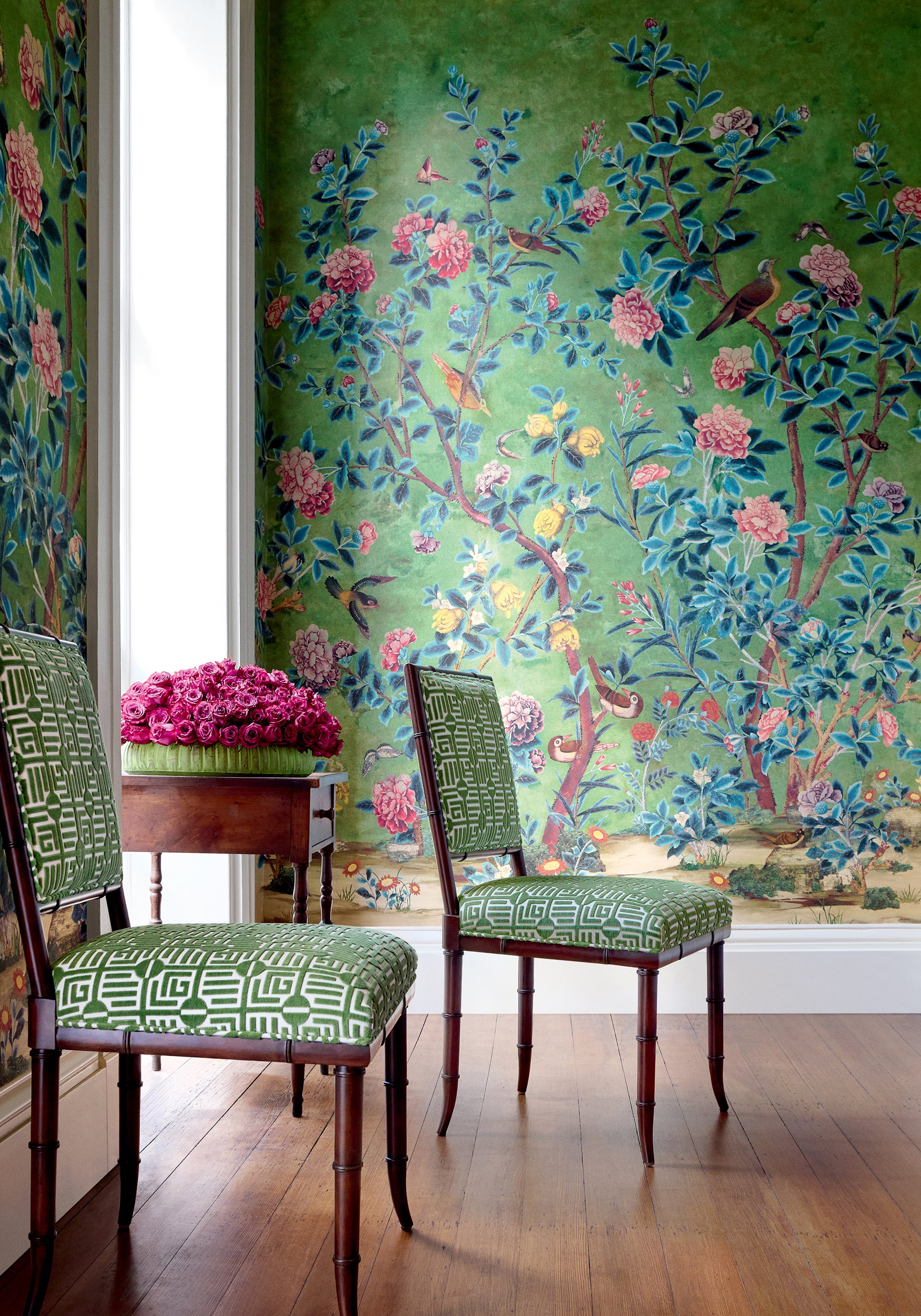 Darien Dining Chairs in Thibaut Labyrinth Velvet woven fabric in Emerald color