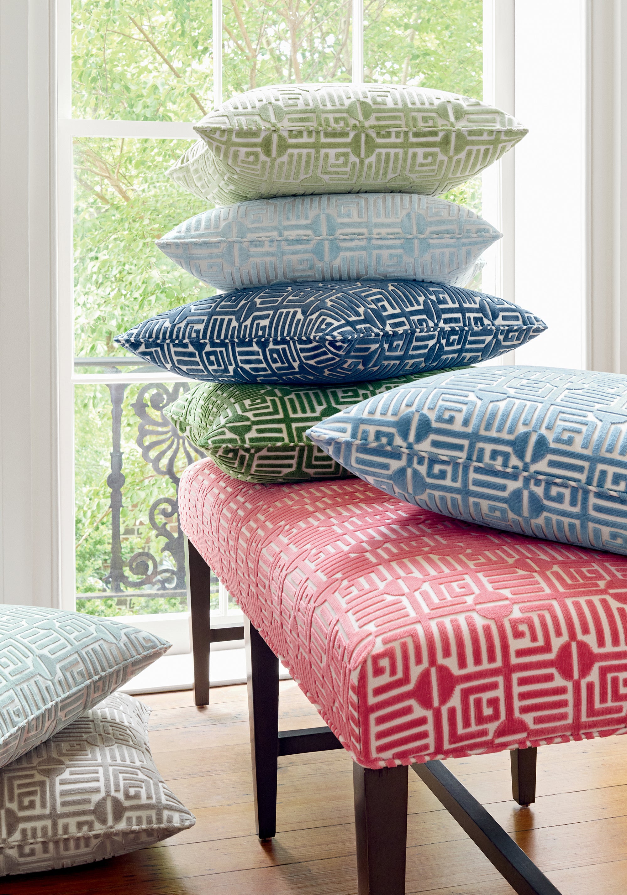 Pillow made with Labyrinth Velvet fabric in mist - pattern number W713646 - by Thibaut fabric