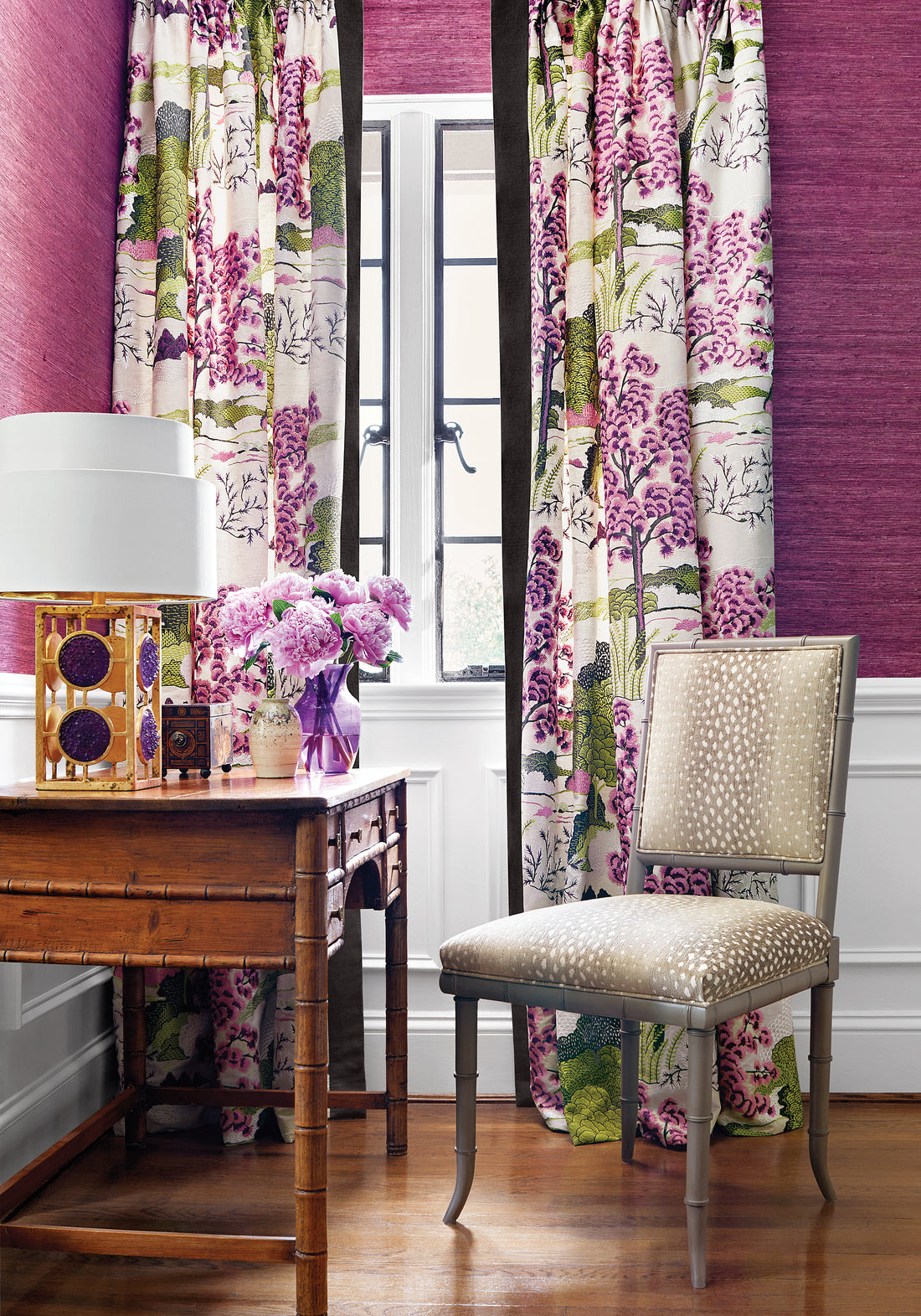 Curtains featuring Daintree Embroidery fabric in fuchsia color - pattern number W785002 - by Thibaut in the Greenwood collection