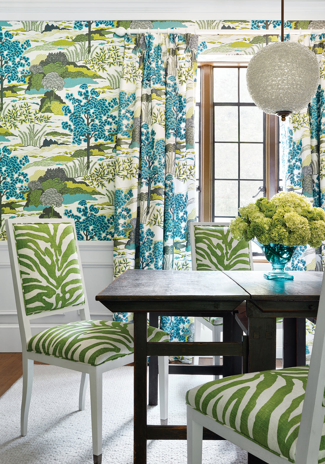 Dining room featuring Daintree fabric in bluemoon color - pattern number F985040 - by Thibaut in the Greenwood collection