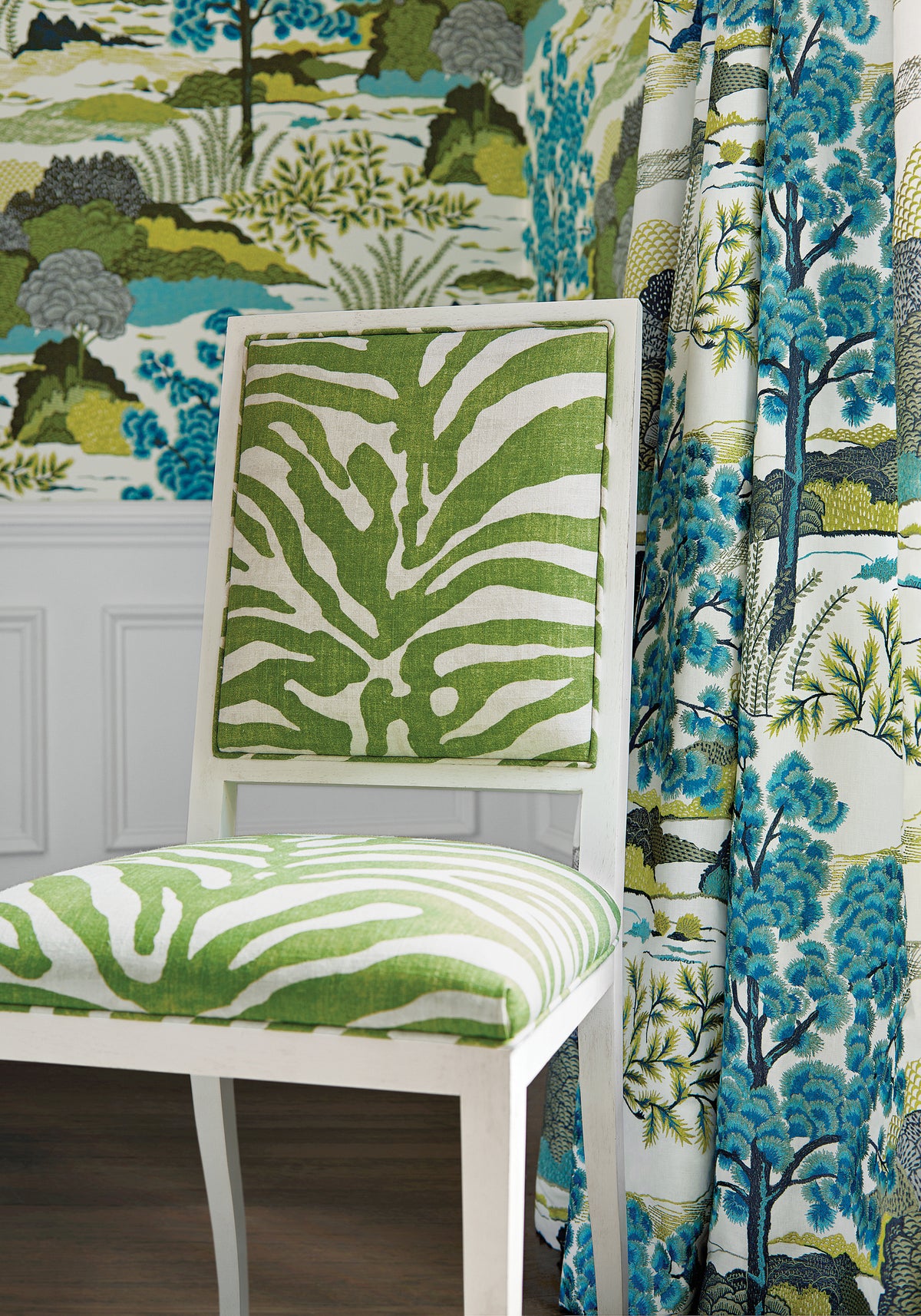 Close view of curtains featuring Daintree Embroidery fabric in bluemoon color - pattern number W785000 - by Thibaut in the Greenwood collection