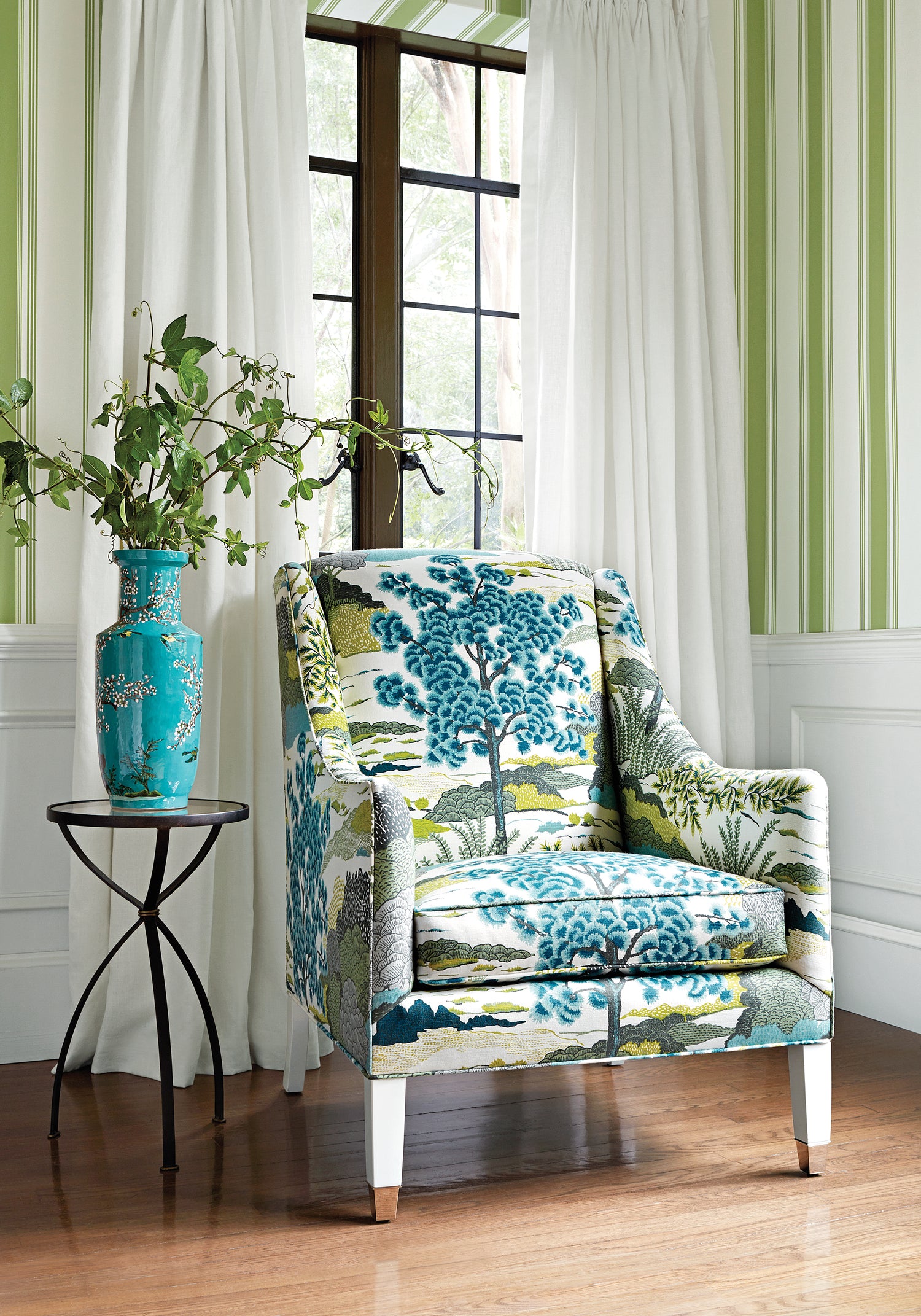 Chair featuring Daintree Embroidery fabric in bluemoon color - pattern number W785000 - by Thibaut in the Greenwood collection