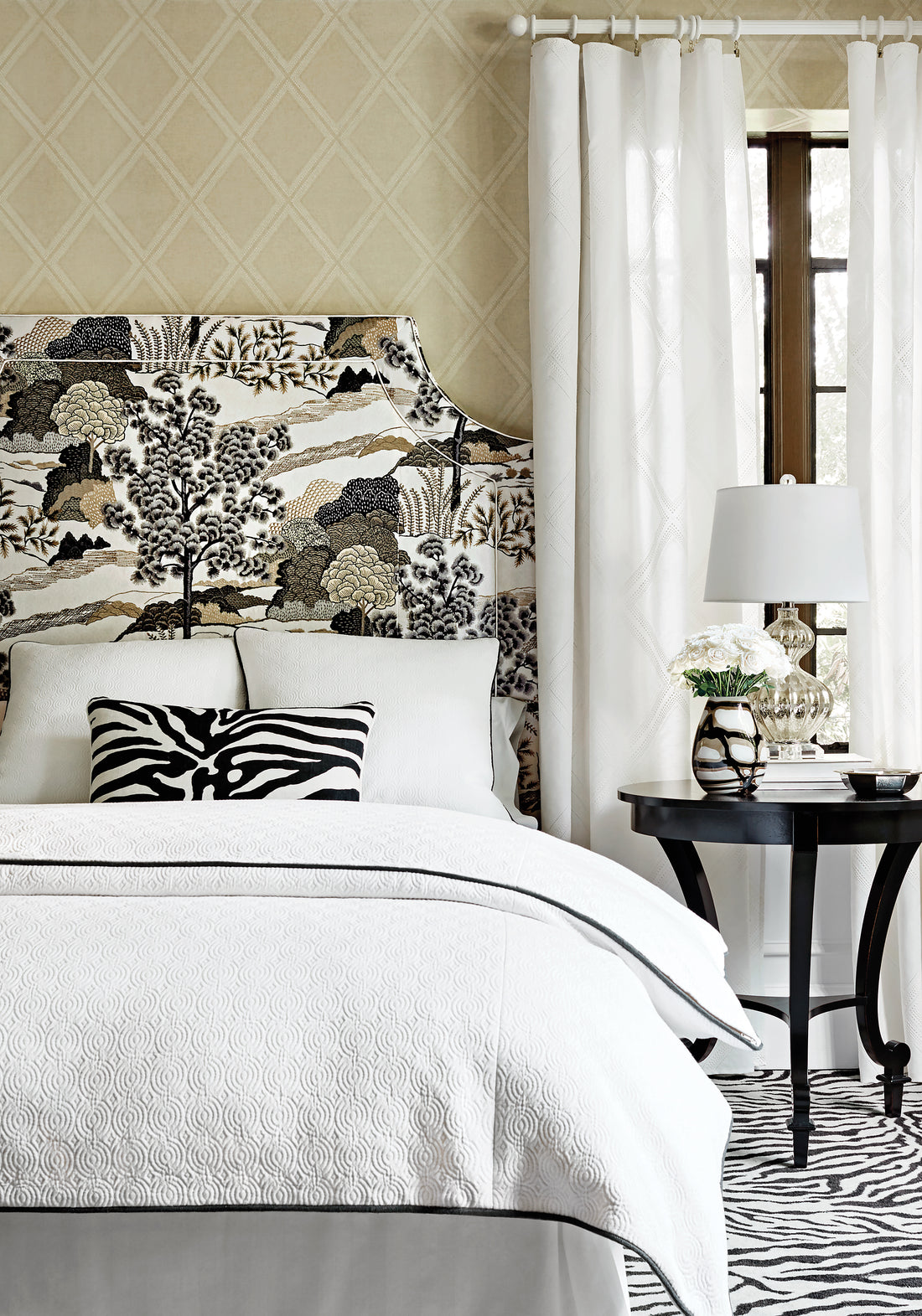 Headboard featuring Daintree fabric in grey color - pattern number F985041 - by Thibaut in the Greenwood collection