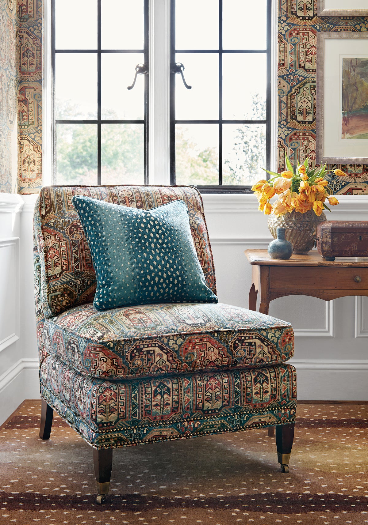 Chair featuring Gleniffer fabric in navy and red color - pattern number F985024 - by Thibaut in the Greenwood collection