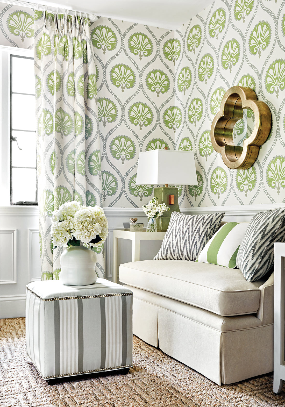 Curtains featuring Kimberly fabric in green color - pattern number F985015 - by Thibaut in the Greenwood collection