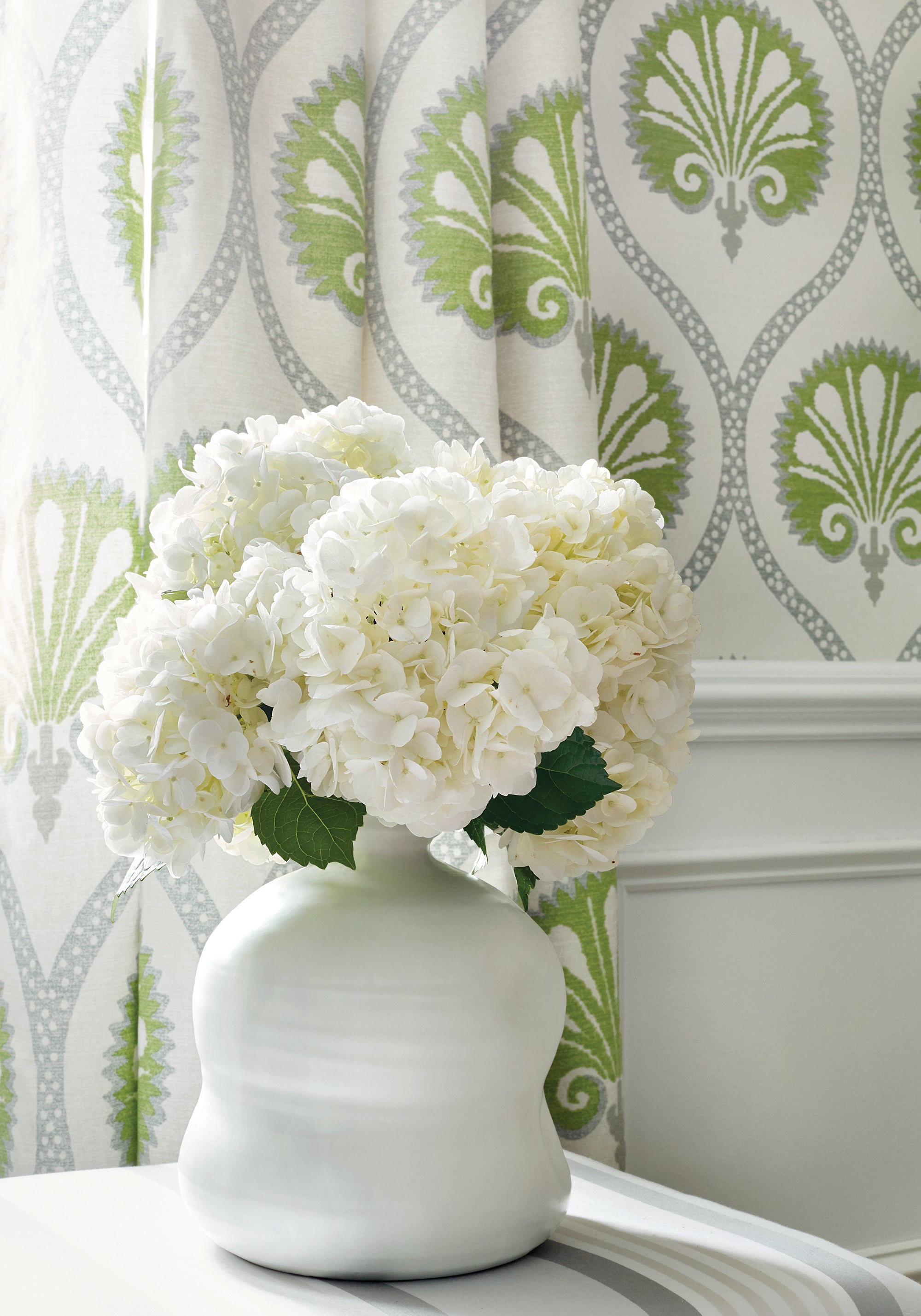 Close view of curtains featuring Kimberly fabric in green color - pattern number F985015 - by Thibaut in the Greenwood collection