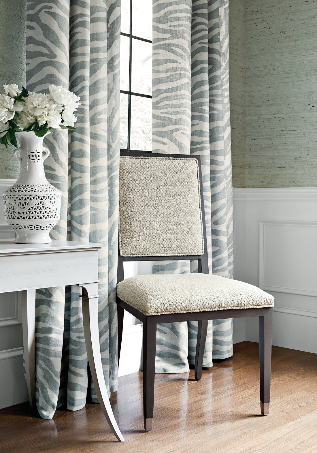Curtains featuring Serengeti fabric in aqua color - pattern number F985026 - by Thibaut in the Greenwood collection