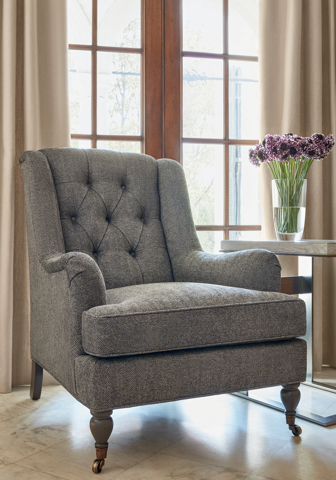 Newport Wing Chair in Hadrian Herringbone woven fabric in charcoal color - pattern number W80713 - by Thibaut in the Woven Resource Vol 11 Rialto collection