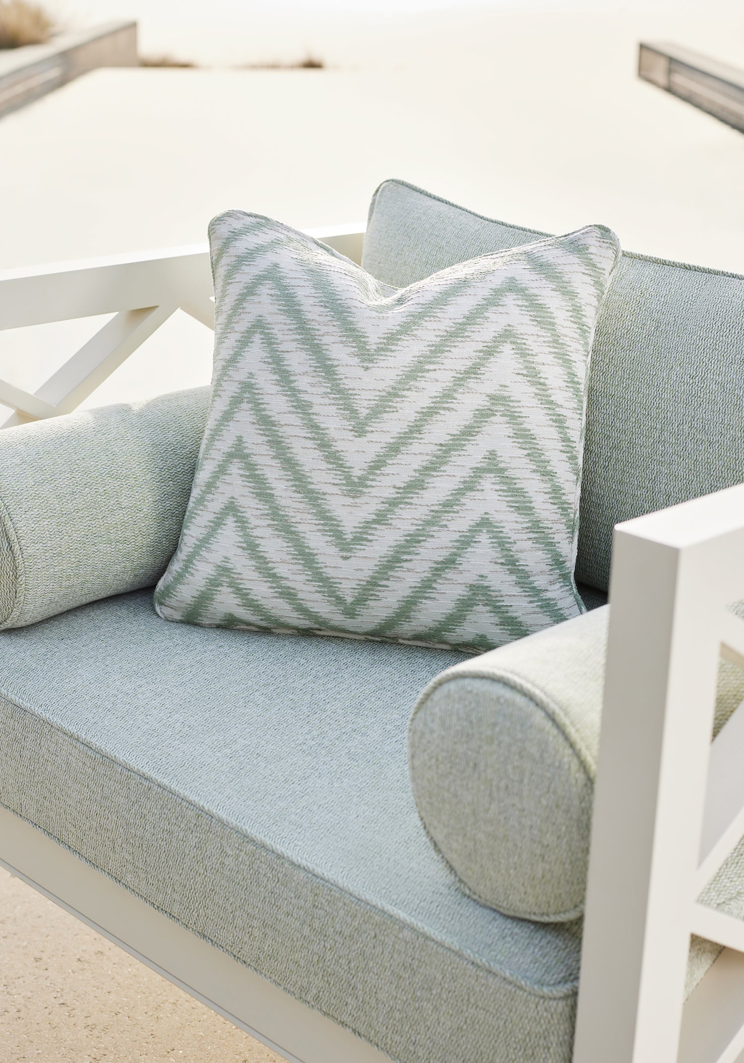 Close view of pillow featuring Aliso fabric in aloe color - pattern number W8817 - by Thibaut in the Haven collection