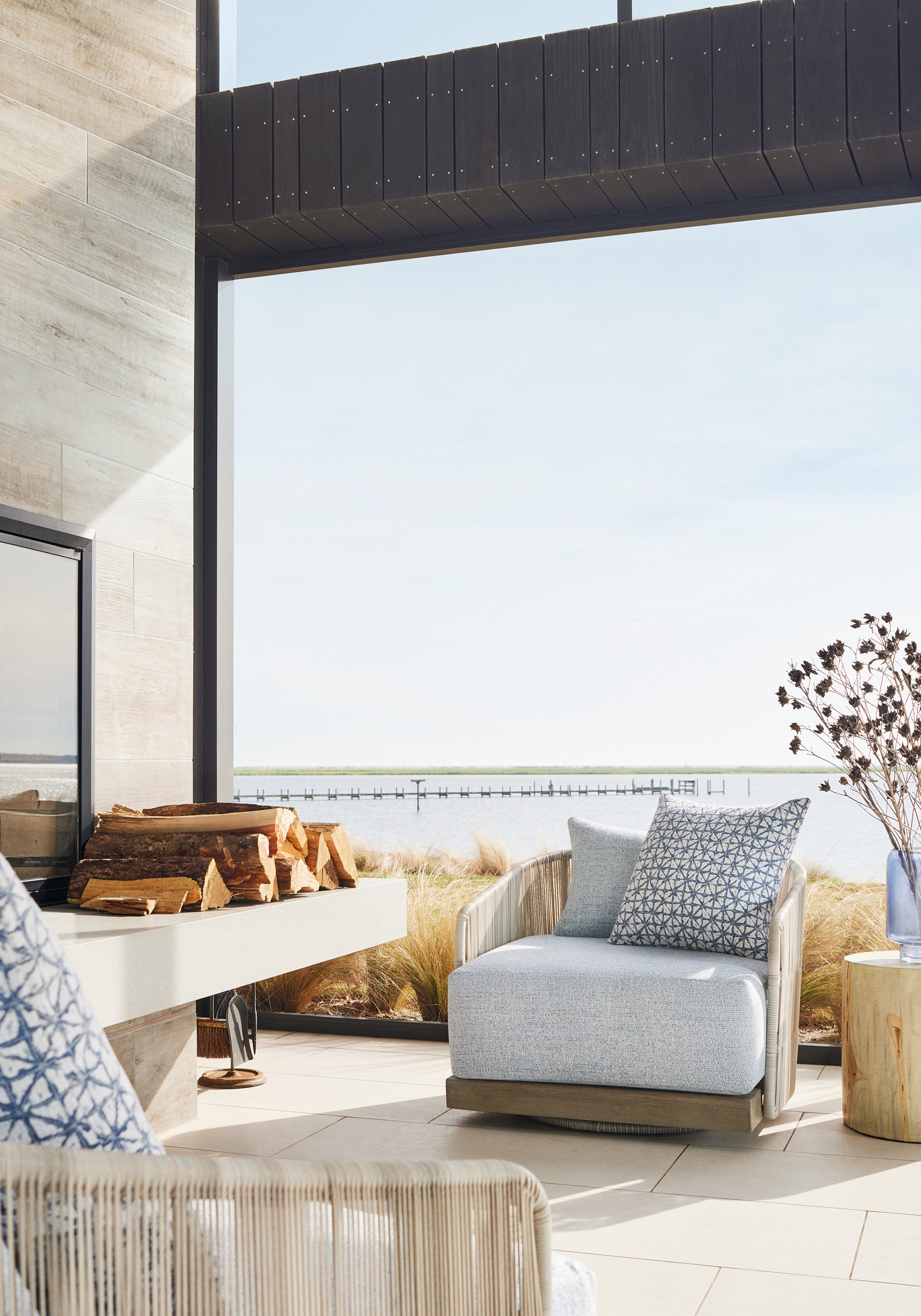 Chair cushion featuring Calais fabric in sky color - pattern number W8801 - by Thibaut in the Haven Textures collection