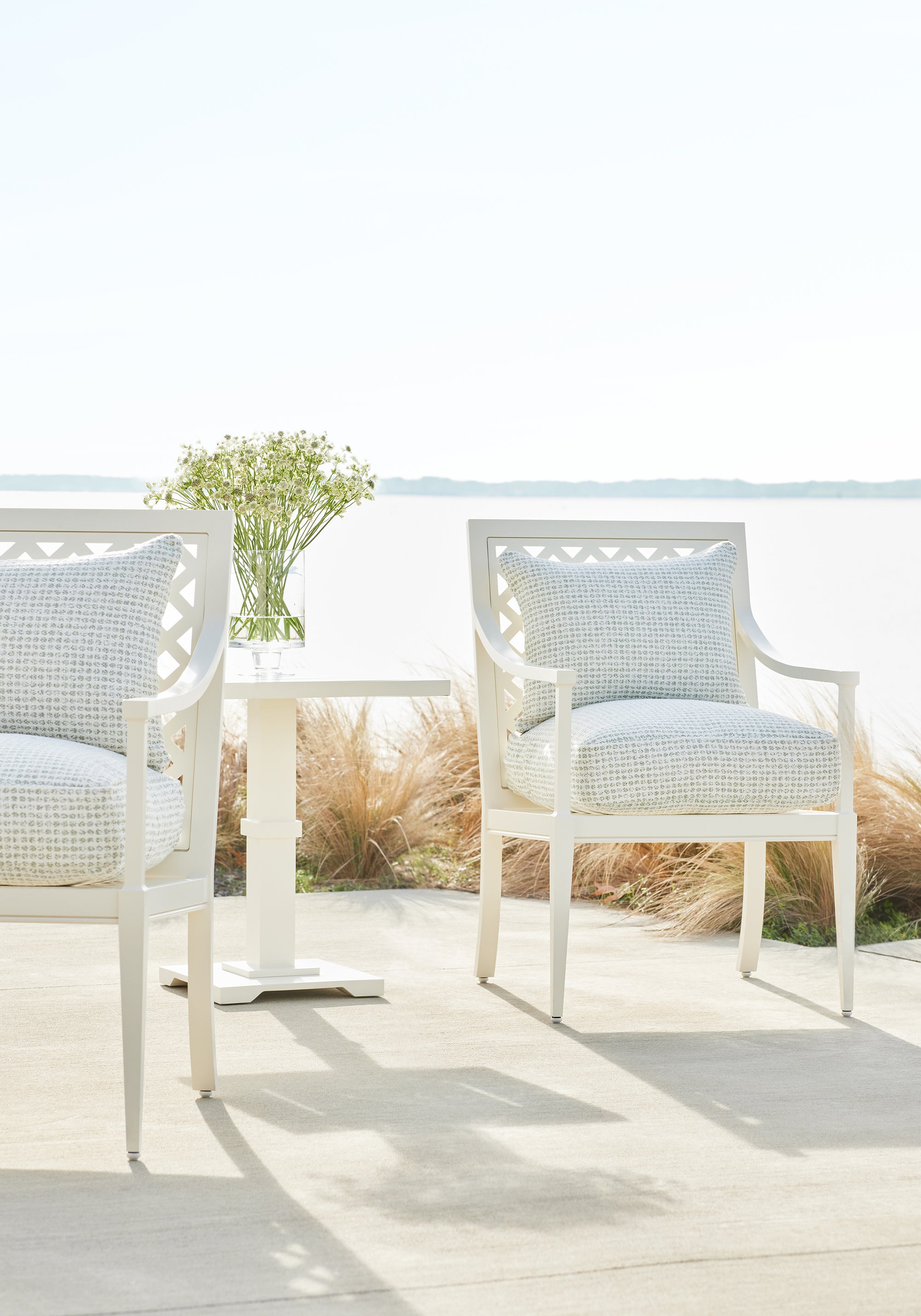 Chair cushions featuring Remy Dot fabric in aloe color - pattern number W8703 - by Thibaut in the Haven collection