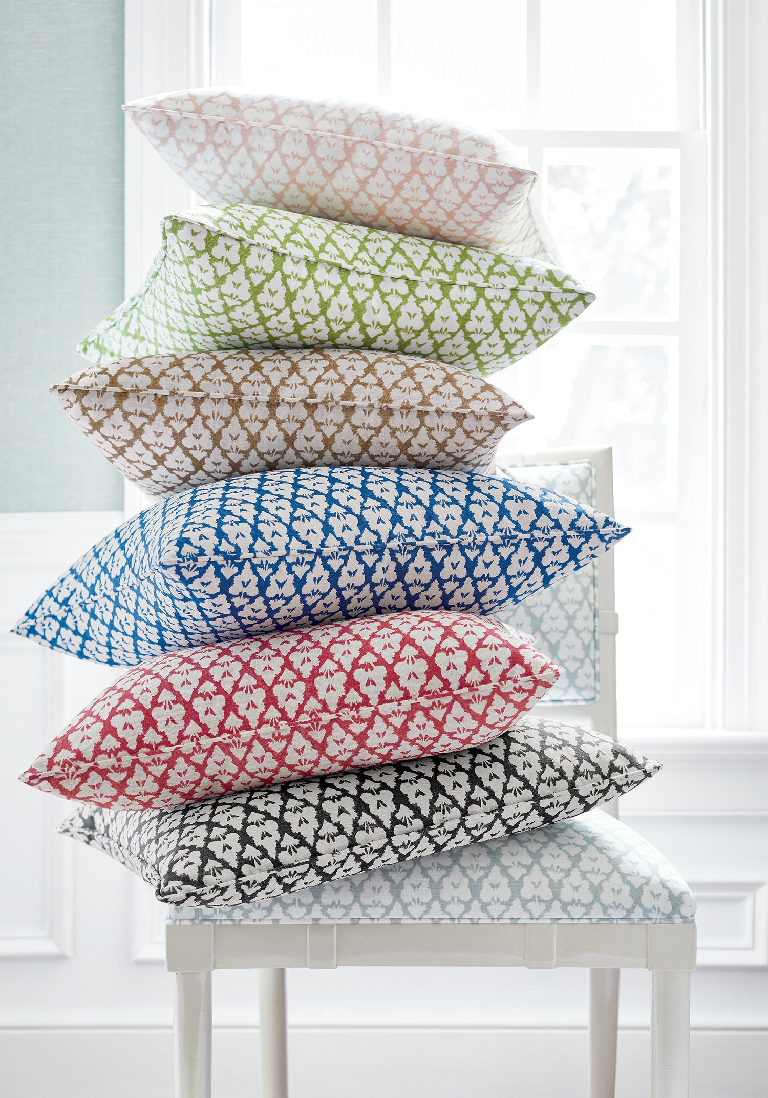 Greenwich Dining Chair and collection of pillows of Arboreta printed fabric featuring spa blue color fabric - pattern number F910832 - by Thibaut in the Heritage collection