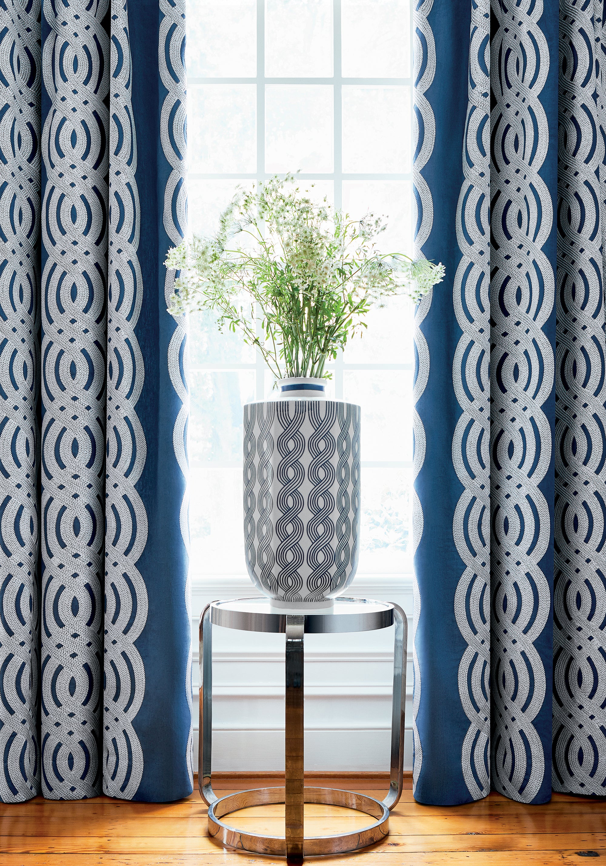 Drapery in Braid Embroidery woven fabric in navy color - pattern number W710802 by Thibaut in the Heritage collection