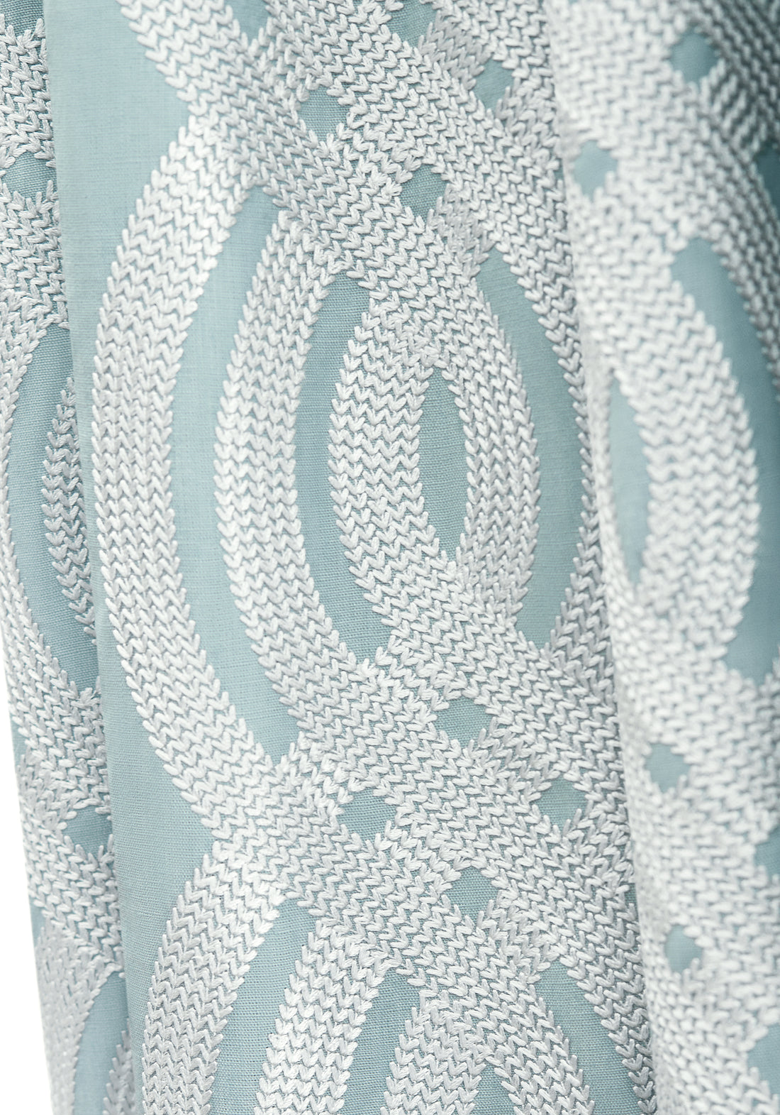Detailed view of Braid Embroidery woven fabric in robins egg color variant by Thibaut in the Heritage collection - pattern number W710805