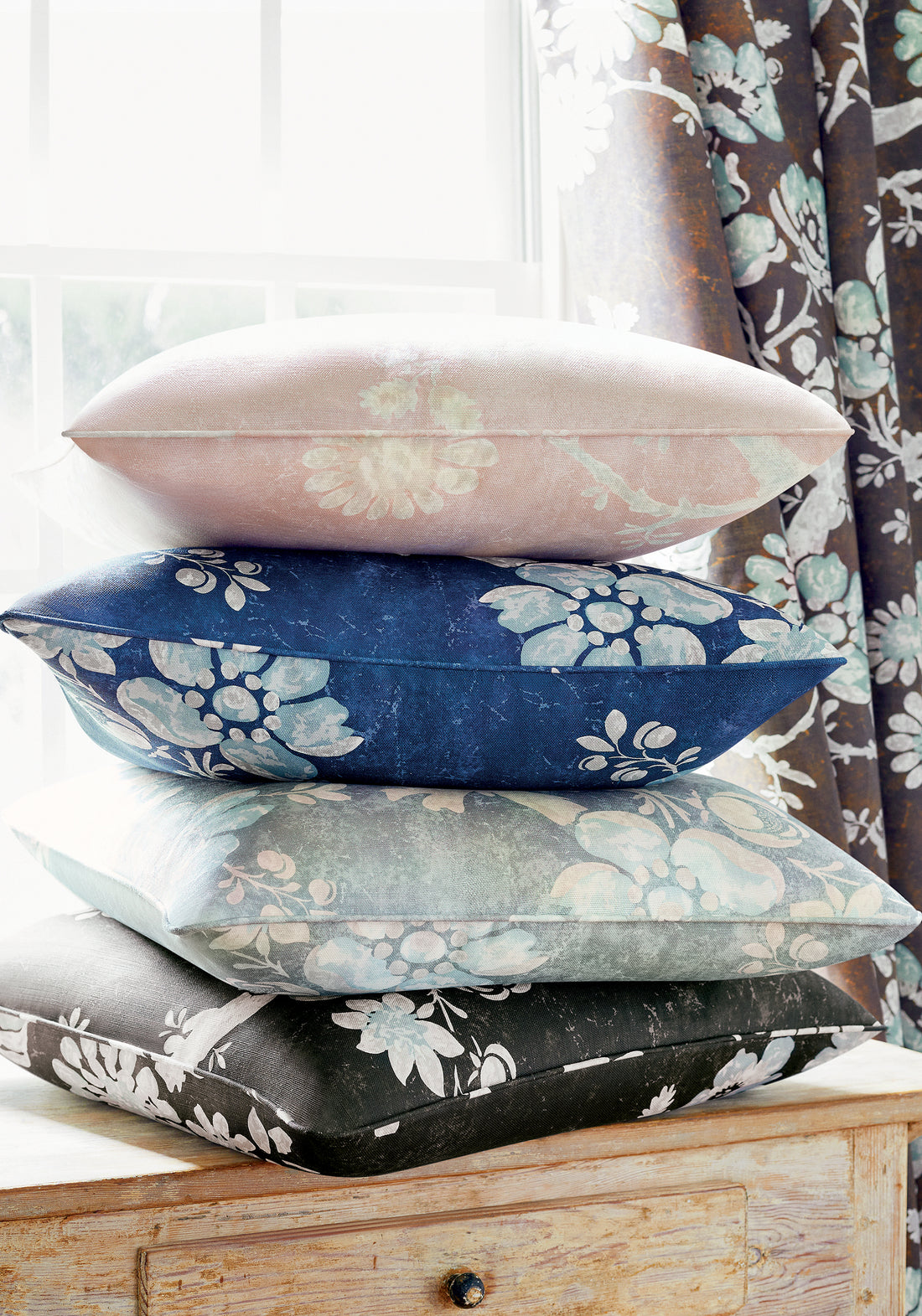 Drapery and collection of pillows in Claudette printed fabric featuring robins egg color fabric - pattern number F910815 - by Thibaut in the Heritage collection
