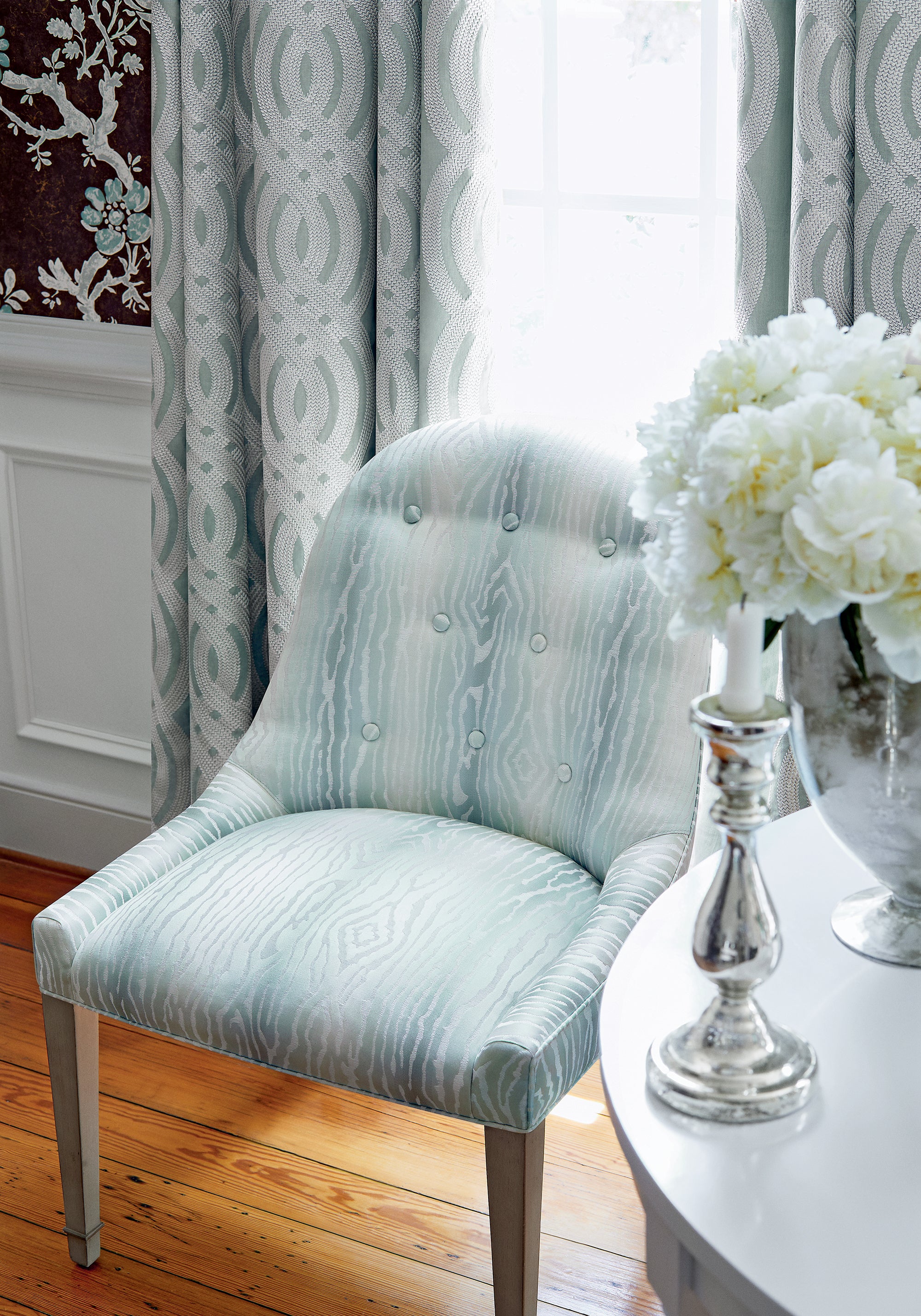 Melrose Dining Chair in Traduzione woven fabric in robins egg color - pattern number W710812 by Thibaut in the Heritage collection