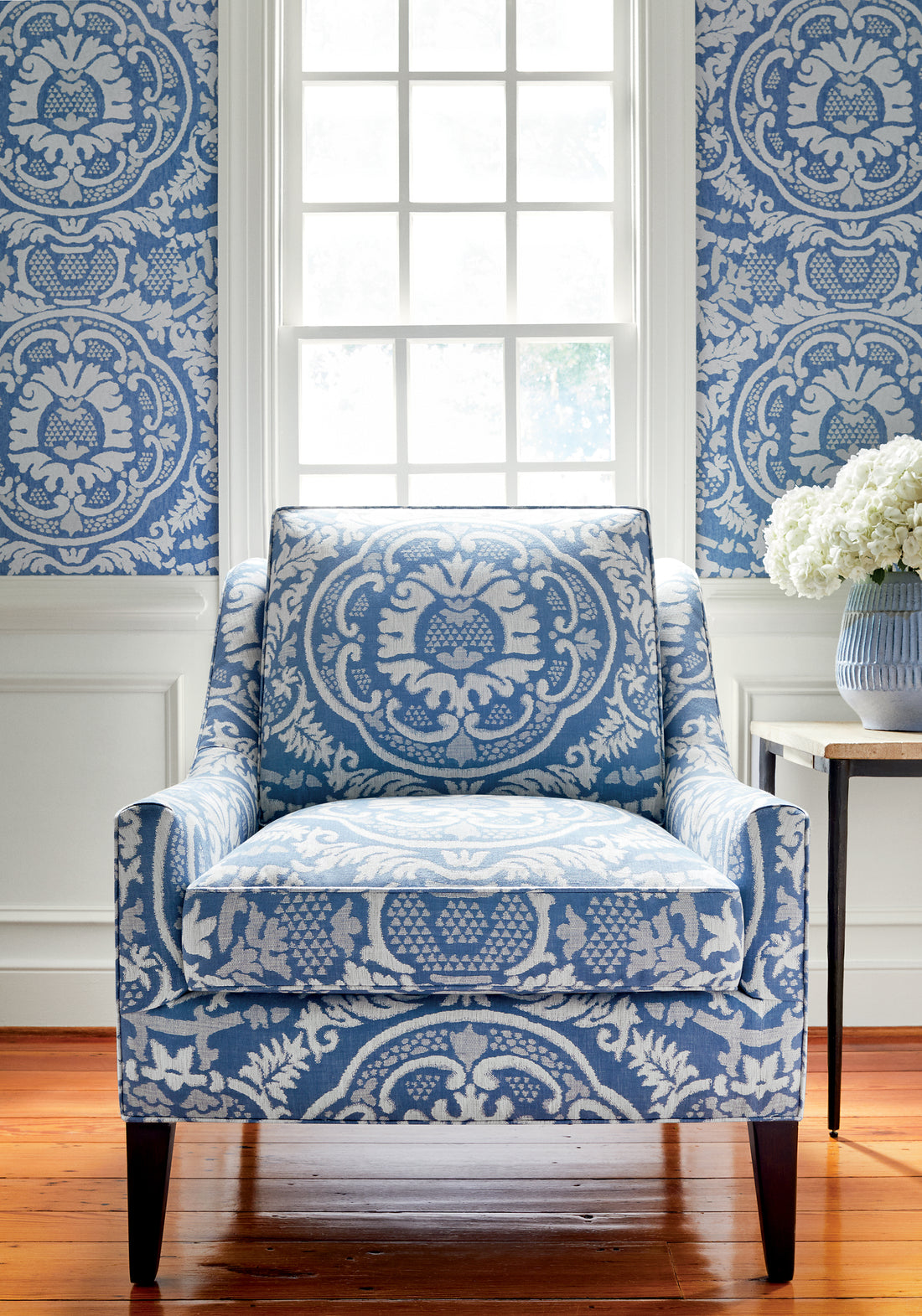 Alexander Chair in Earl Damask woven fabric in blue color - pattern number W710837 by Thibaut in the Heritage collection