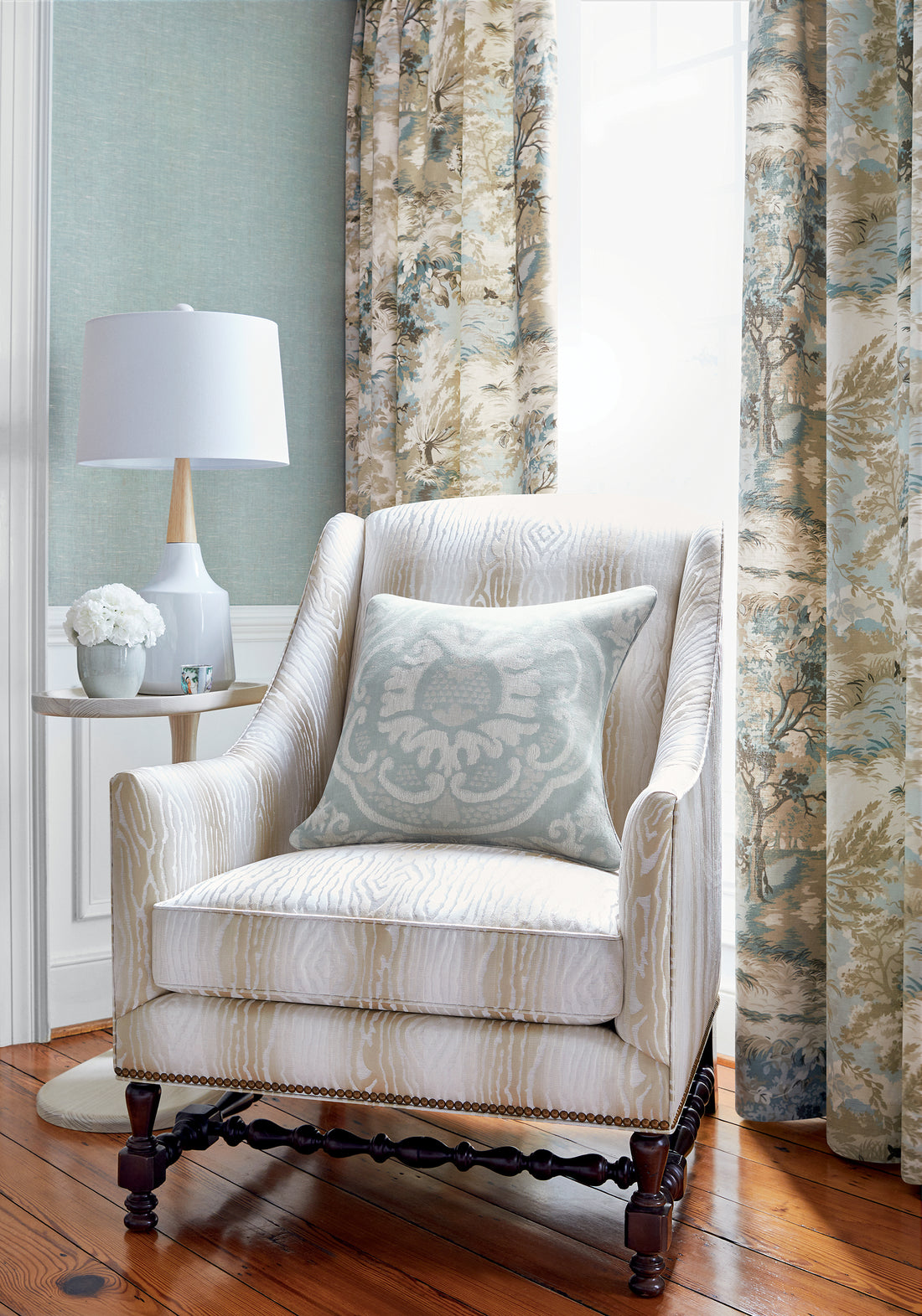 Salem Wing Chair in Traduzione woven fabric in cream color - pattern number W710810 by Thibaut in the Heritage collection