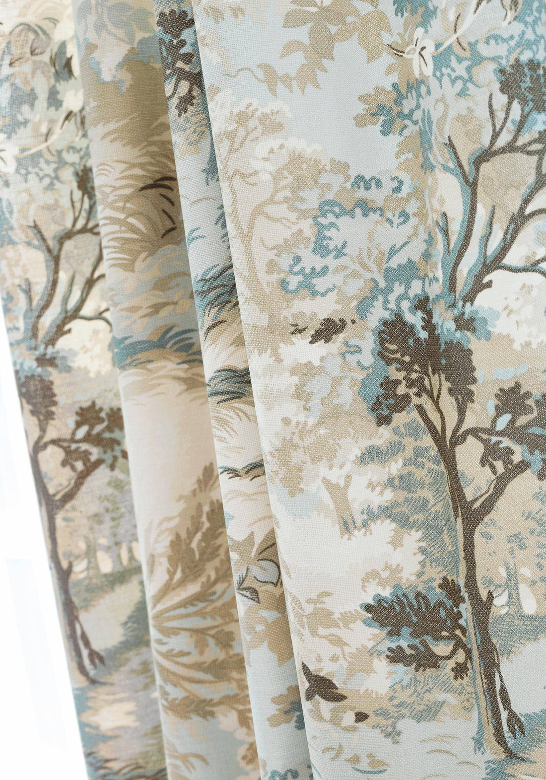 Drapery in Lincoln Toile printed fabric in beige and spa color - pattern number F910865 by Thibaut in the Heritage collection