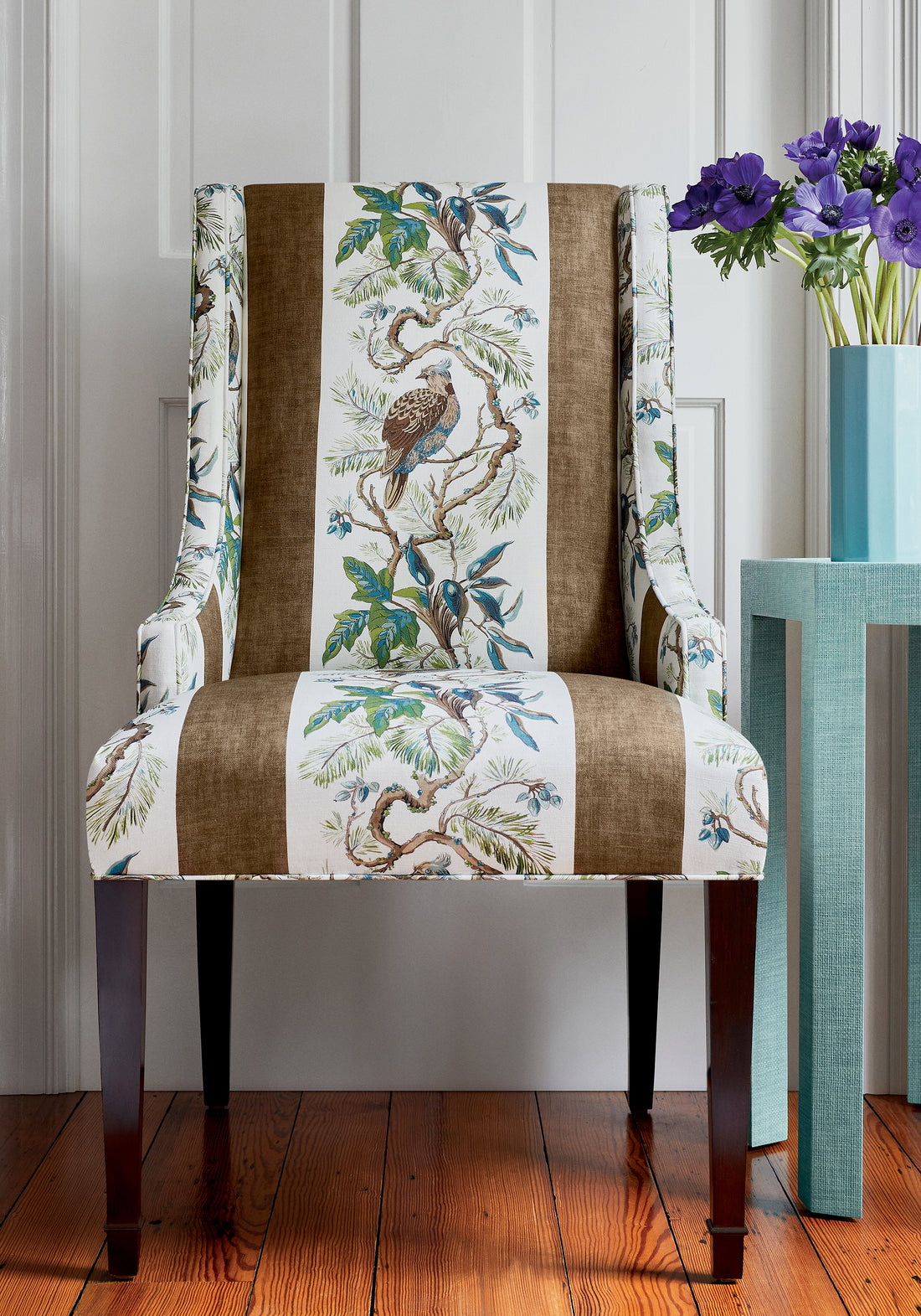 Hudson Dining Chair in Williamson printed fabric in brown color - pattern number F910862 by Thibaut in the Heritage collection