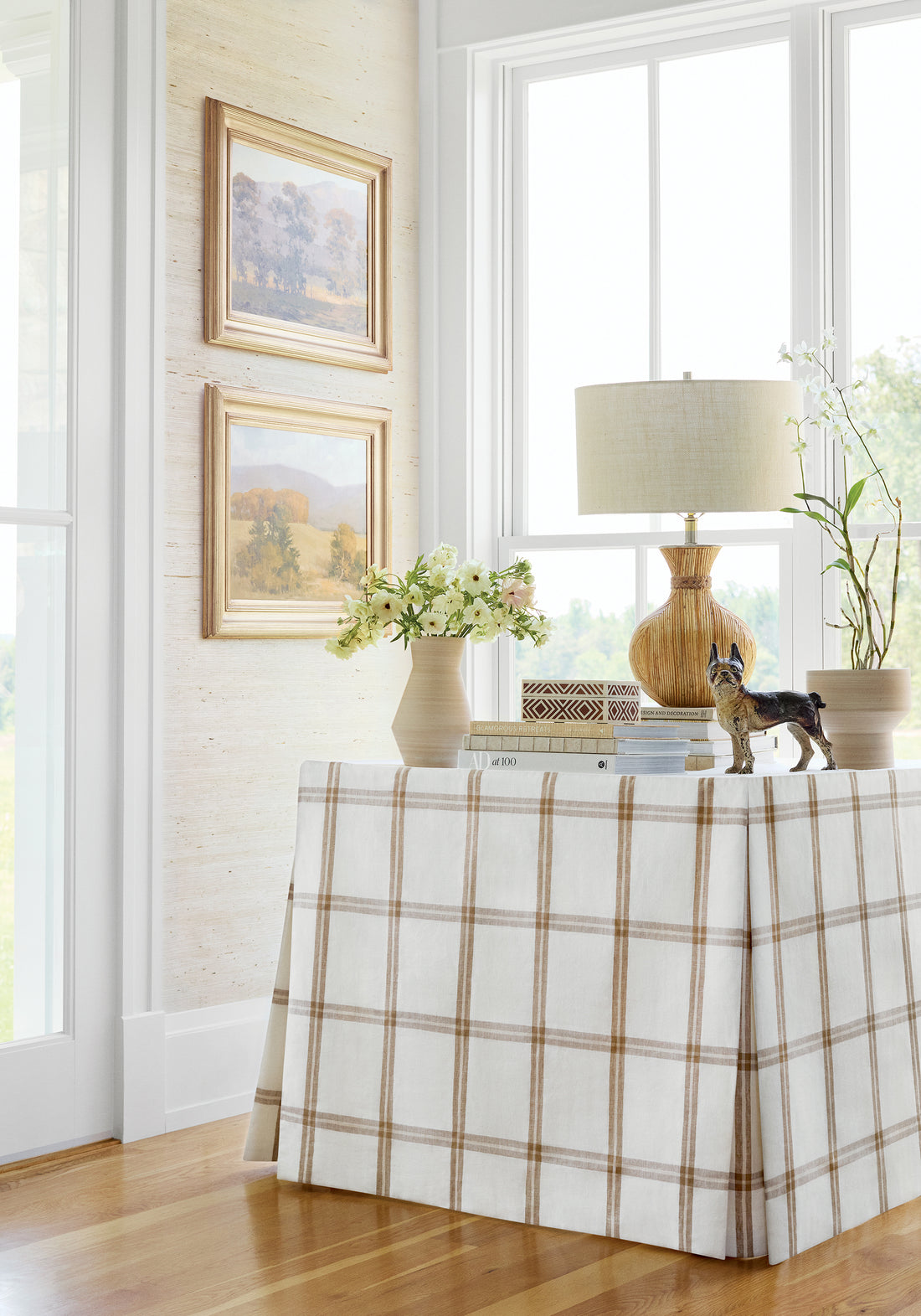 Table featuring Huntington Plaid fabric in camel color - pattern number W781333 - by Thibaut in the Montecito collection
