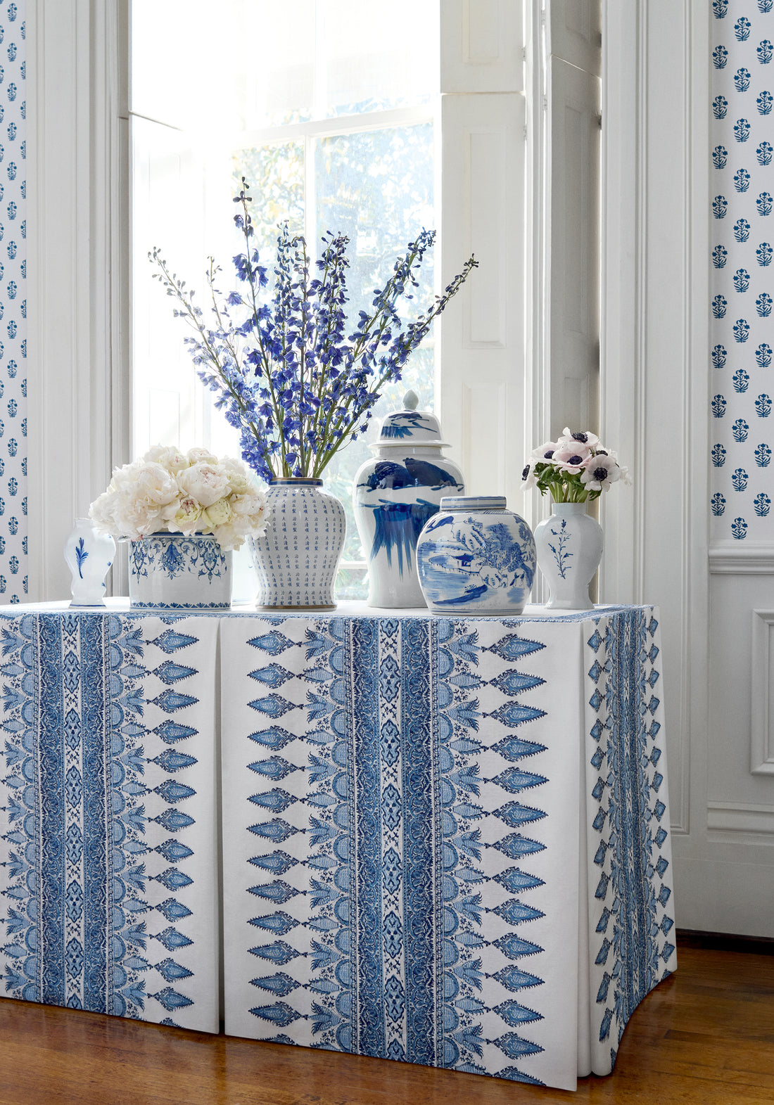 Close view of tablecloth featuring Akola Stripe fabric in blue and white color - pattern number F936407 - by Thibaut in the Indienne collection
