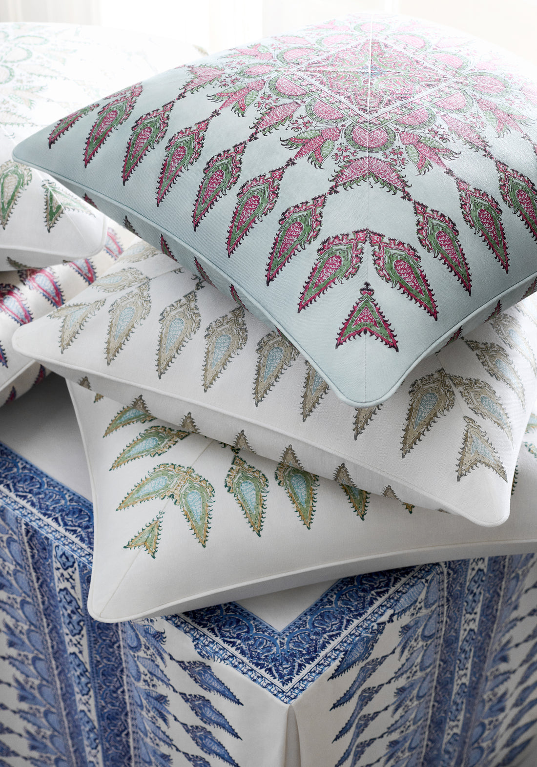 Pillow featuring Akola Stripe fabric in green color - pattern number F936412 - by Thibaut in the Indienne collection