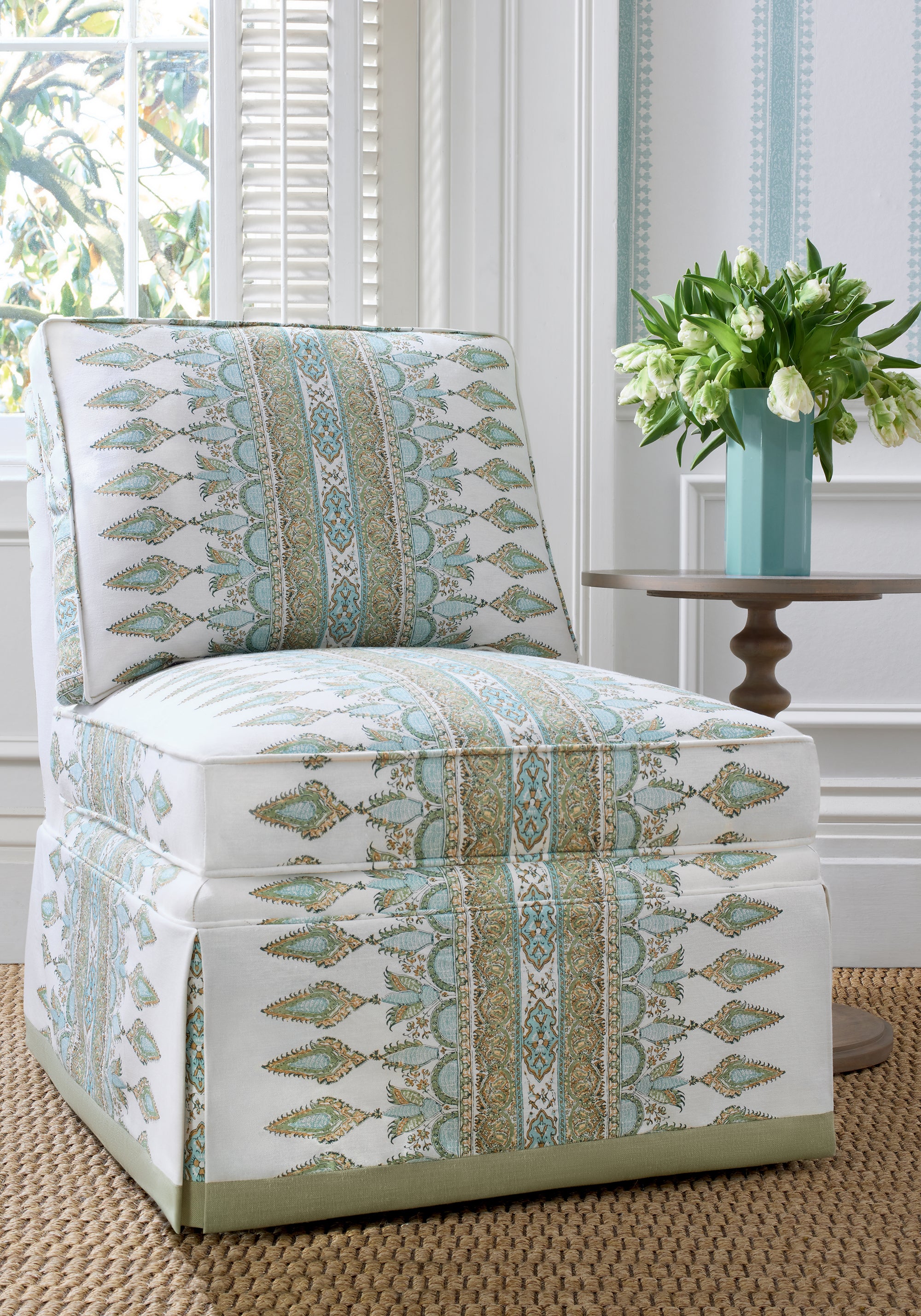 Chair featuring Akola Stripe fabric in seaglass and gold color - pattern number F936408 - by Thibaut in the Indienne collection