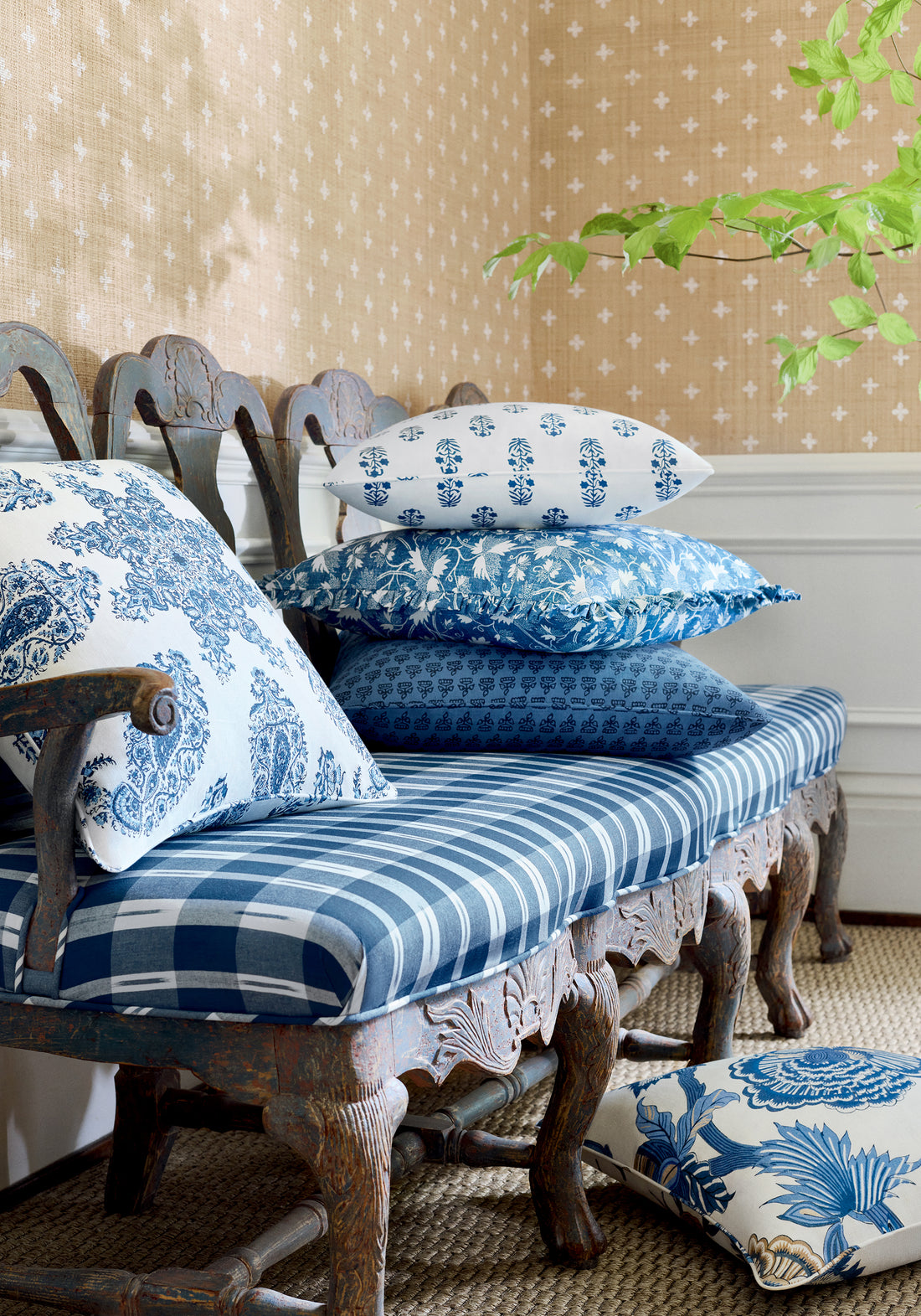 Bench featuring Ellastone Check fabric in navy color - pattern number W736439 - by Thibaut in the Indienne collection