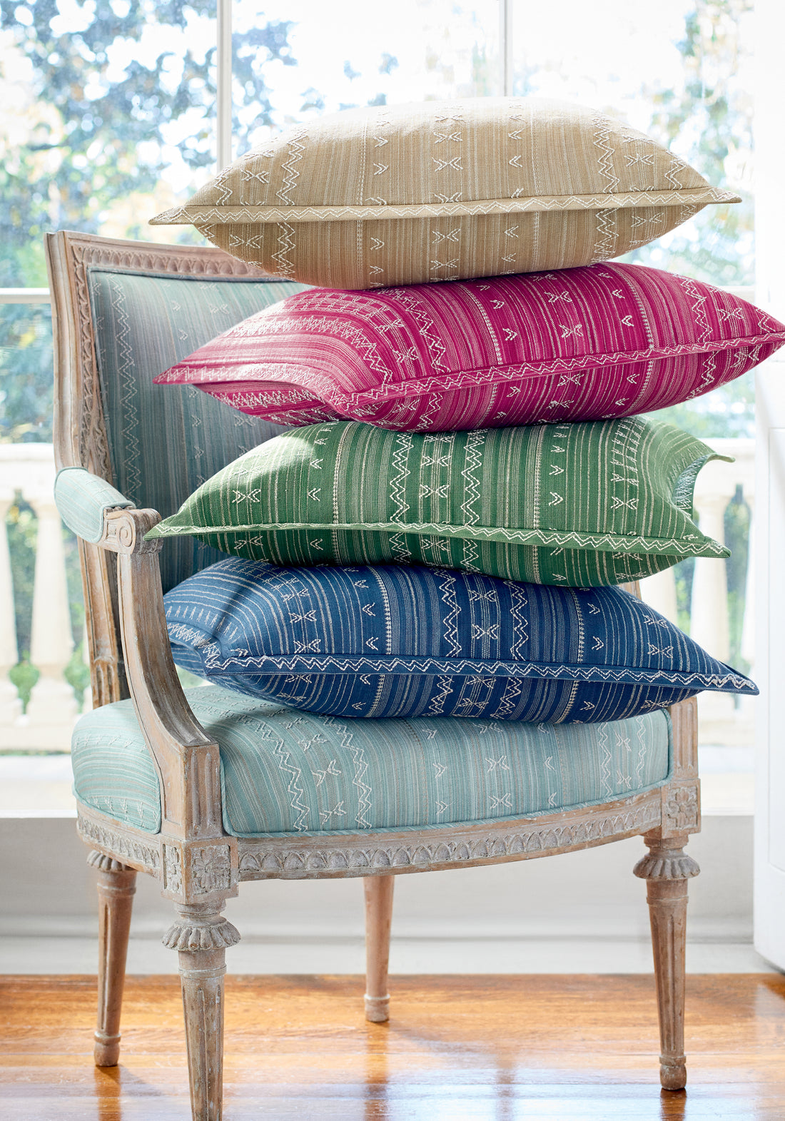 Pillow featuring Charter Stripe Embroidery fabric in green color - pattern number W736458 - by Thibaut in the Indienne collection