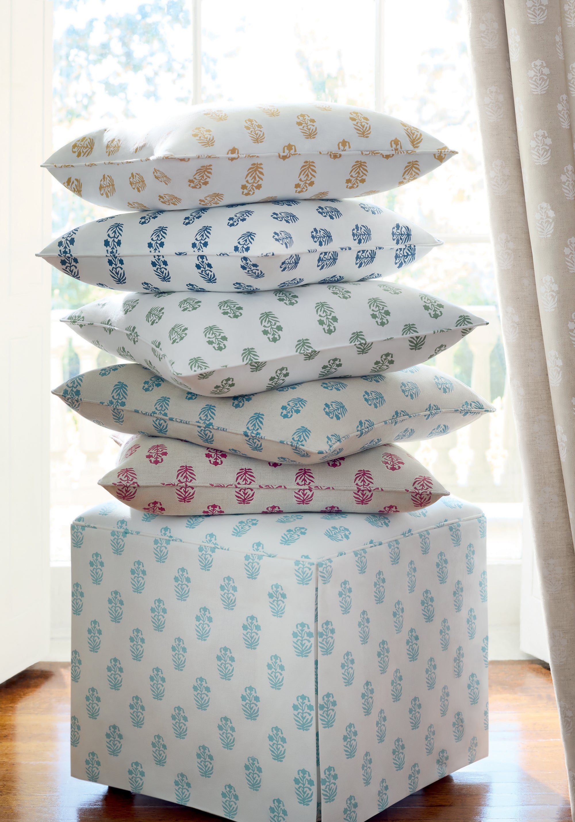 Ottoman featuring Corwin fabric in seaglass on white color - pattern number F936401 - by Thibaut in the Indienne collection
