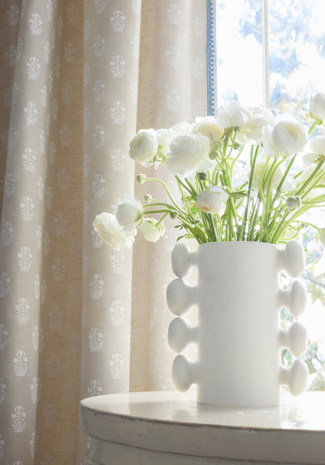 Curtains featuring Corwin fabric in white on natural color - pattern number F936405 - by Thibaut