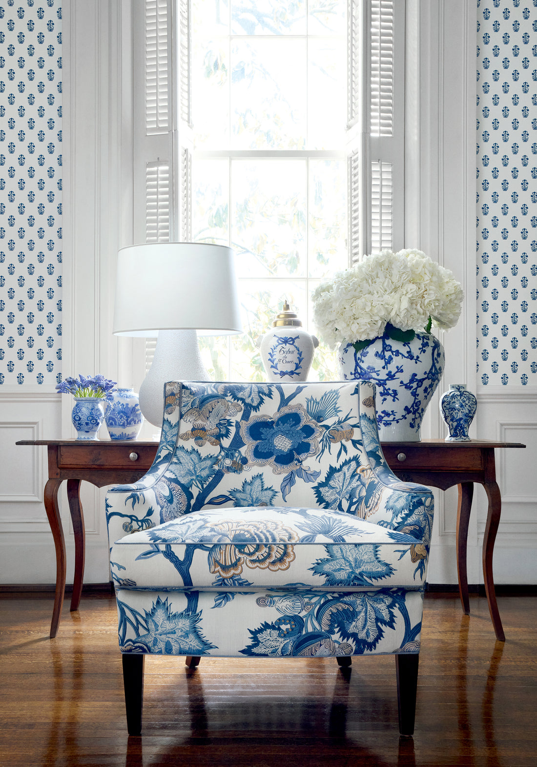 Chair featuring Indienne Jacobean fabric in blue and white color - pattern number F936418 - by Thibaut in the Indienne collection