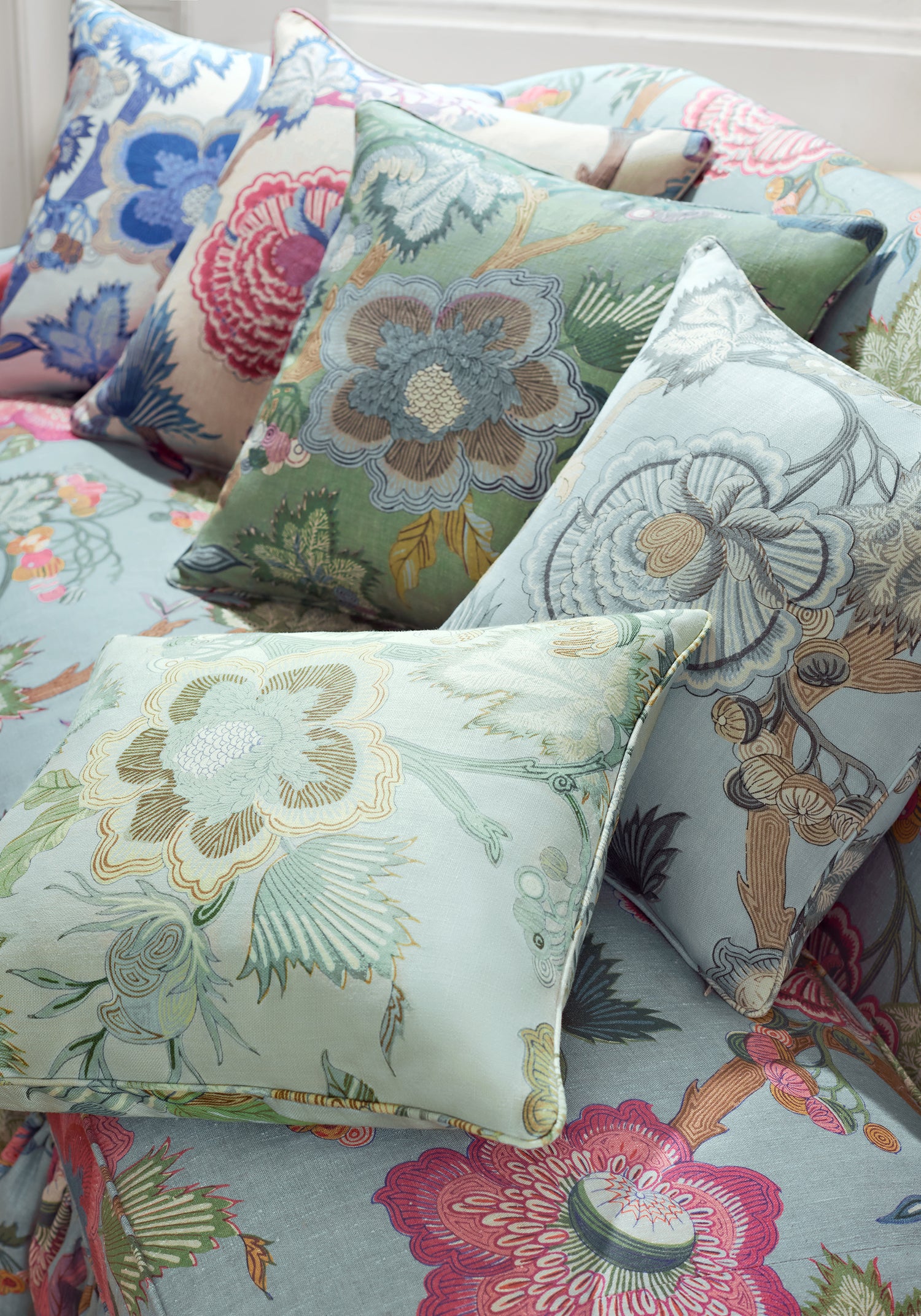 Pillow featuring Indienne Jacobean fabric in robins egg color - pattern number F936420 - by Thibaut in the Indienne collection