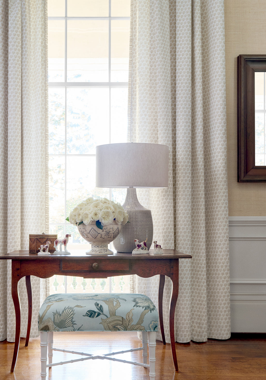 Draperies featuring Mimi fabric in beige color - pattern number F936446 - by Thibaut in the Indienne collection