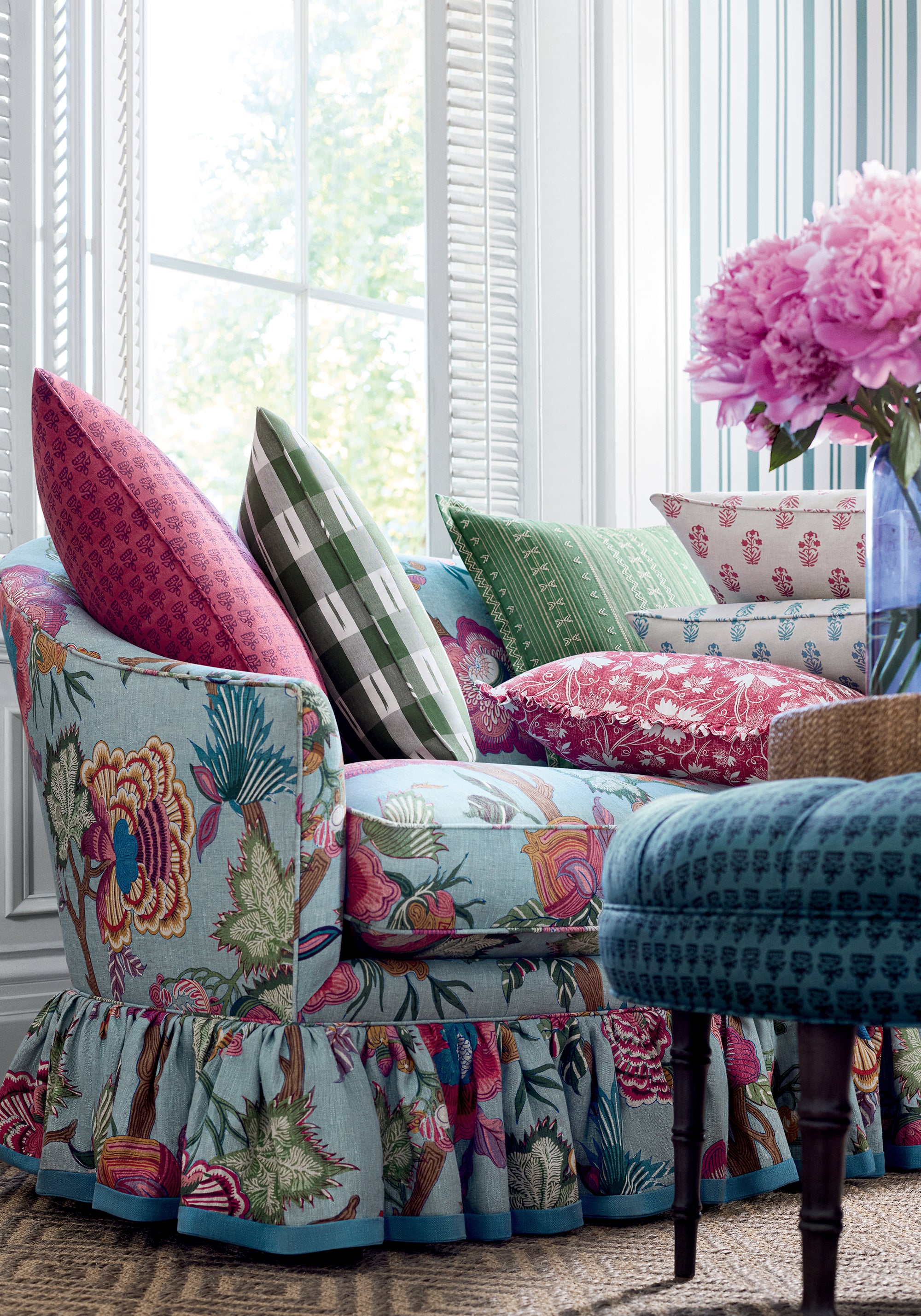 Sofa featuring Indienne Jacobean fabric in raspberry and teal color - pattern number F936415 - by Thibaut in the Indienne collection